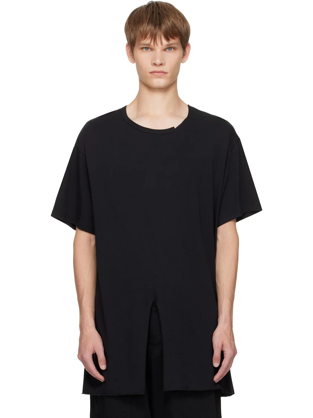 Black Single Jersey Slit Round Neck T-shirt - 1