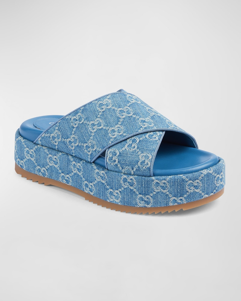 GUCCI Angelina GG Denim Crisscross Platform Sandals outlook