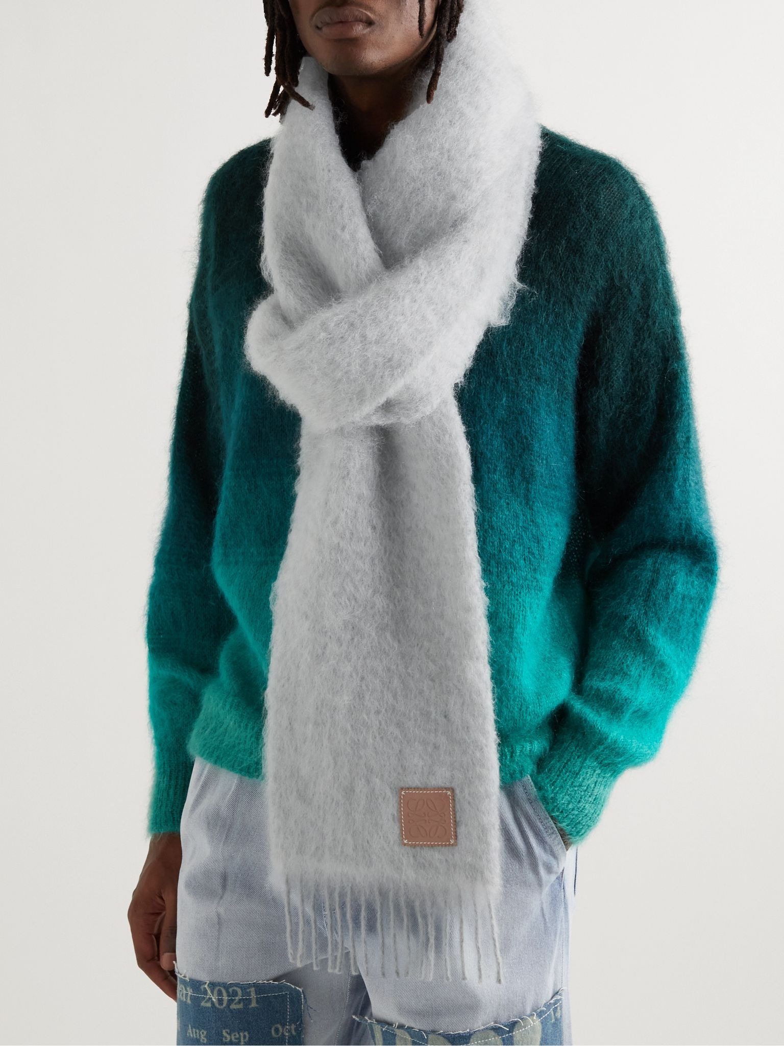 Logo-Appliquéd Fringed Mohair-Blend Scarf Gray - 2
