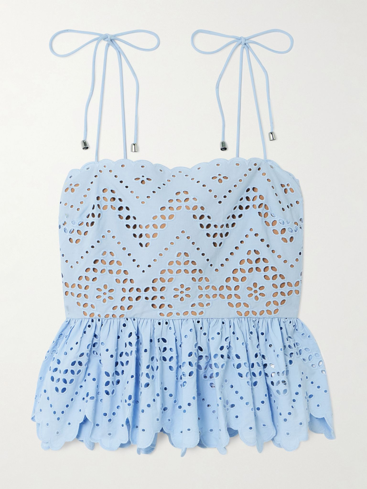 Scalloped ruffled broderie anglaise cotton peplum top Blue - 1