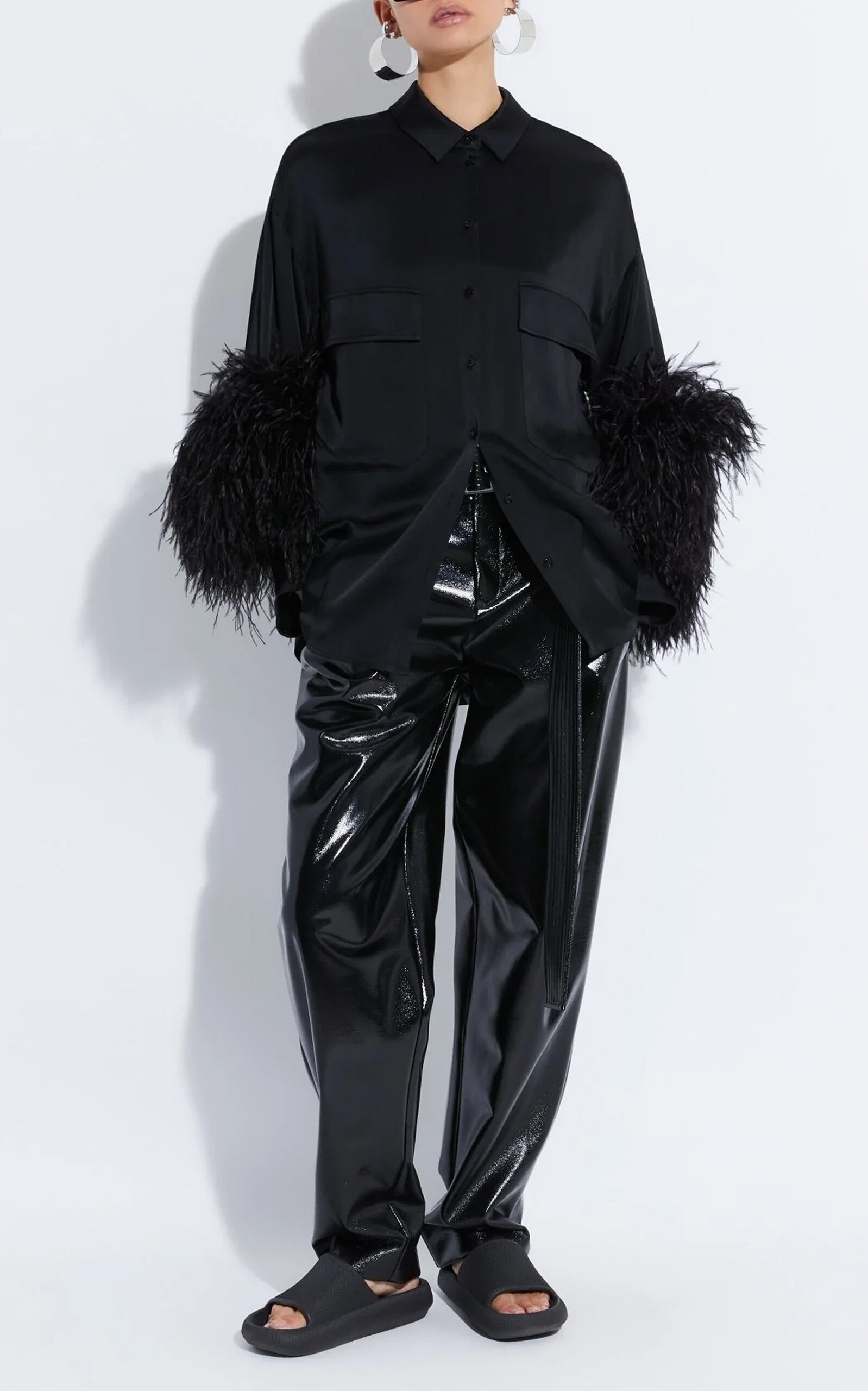 Oversized Satin Button Down with Feathers black - 2