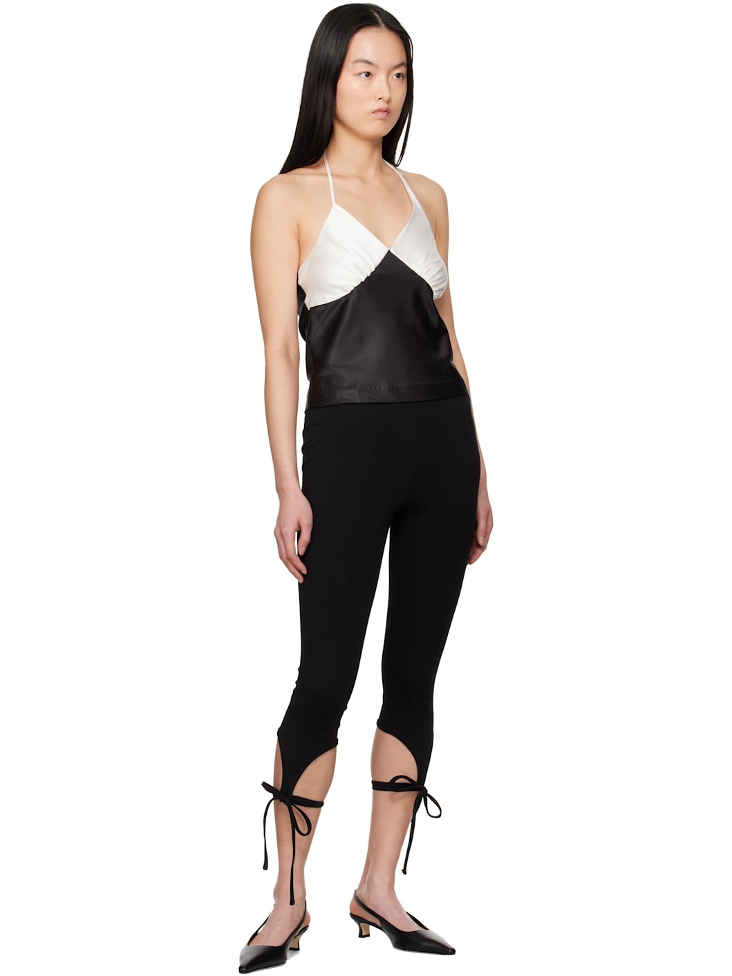 Black & Off-White Satin Shirring Halter Top - 4
