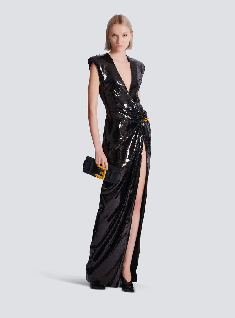 Balmain Long draped sequin dress with embellished detail outlook