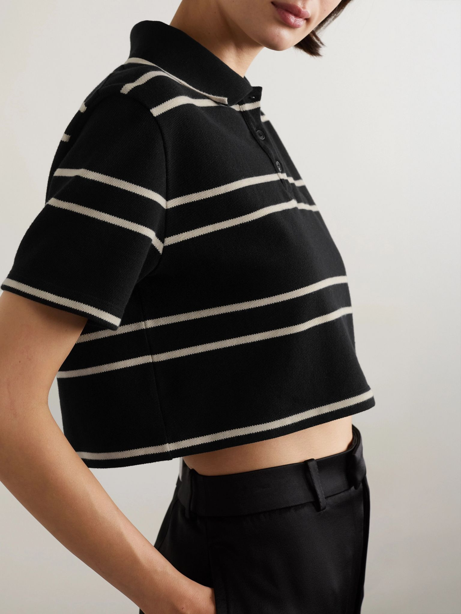 Striped cropped cotton-piqué polo shirt Black - 3