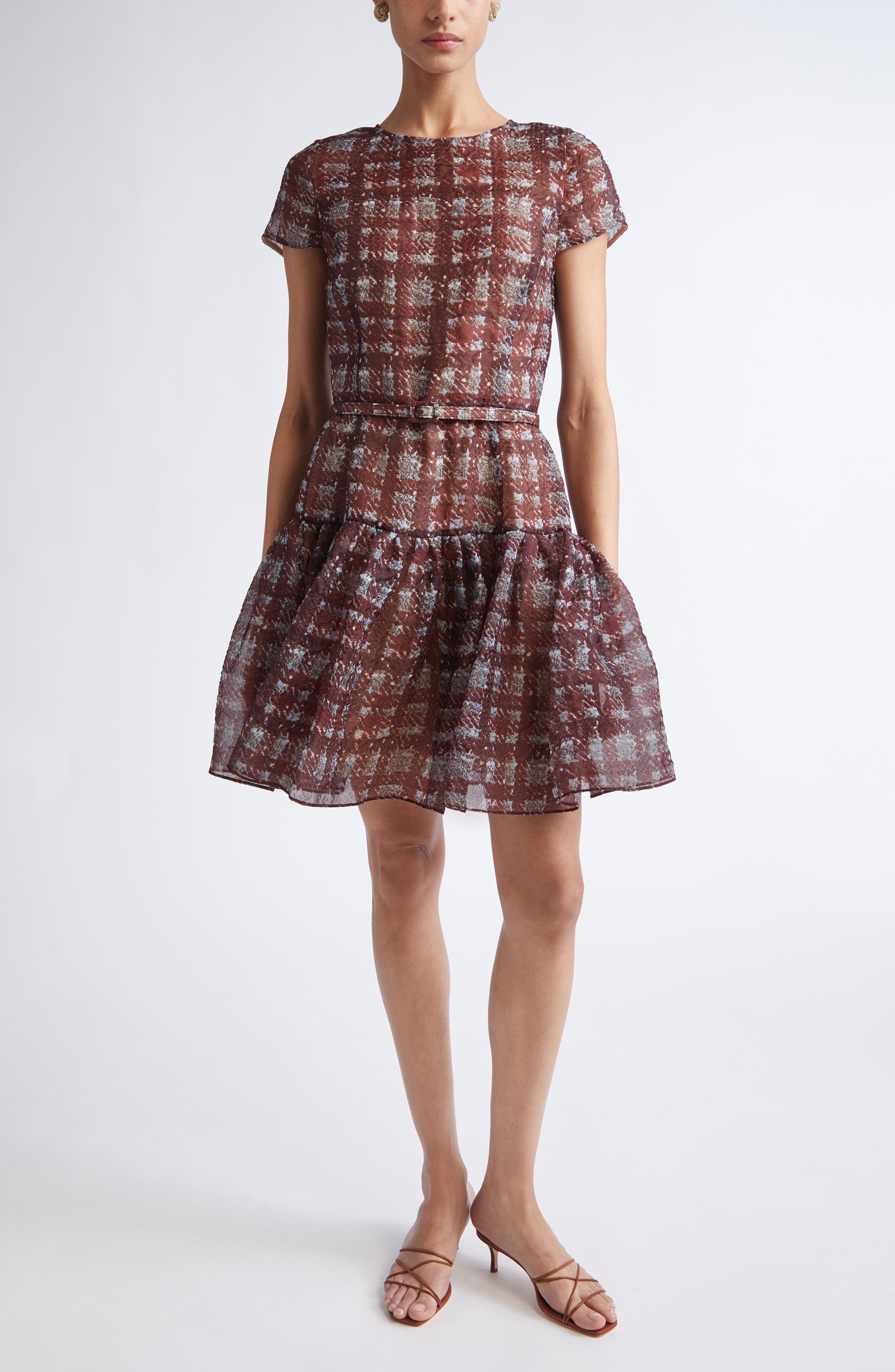 Oscar de la Renta Textured Plaid Drop Waist Dress in Burgundy/Blue at Nordstrom - 1
