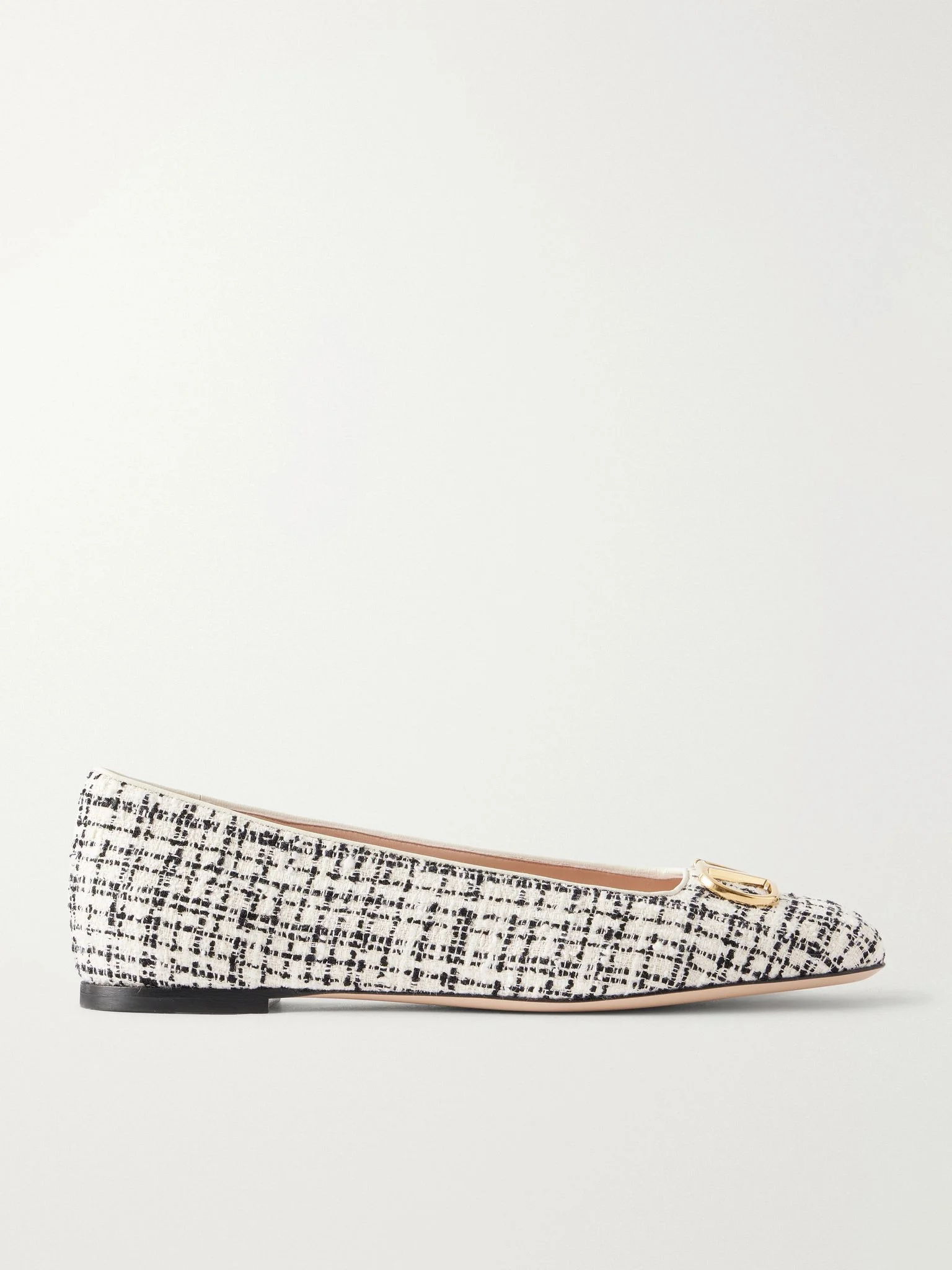 VLogo checked leather-trimmed bouclé ballet flats White - 1