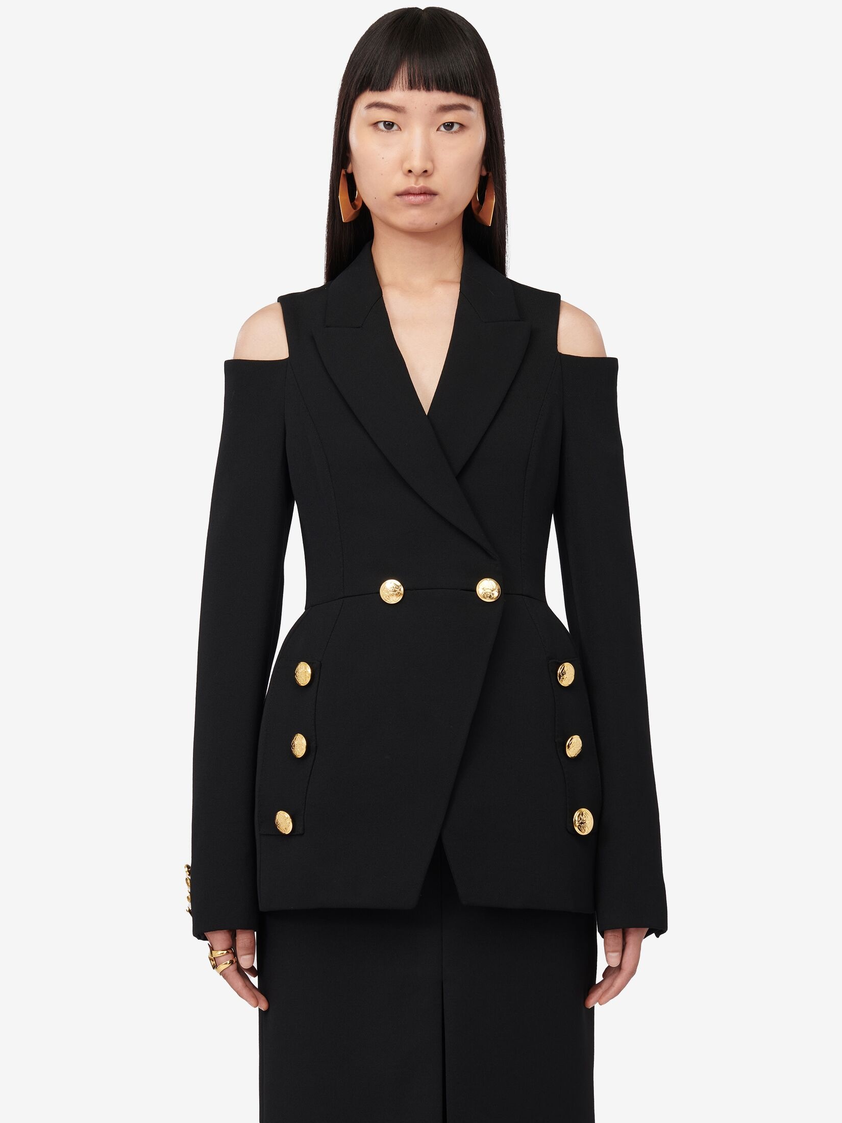 Women's Cut-out Double-breasted Military Jacket in Black - 5