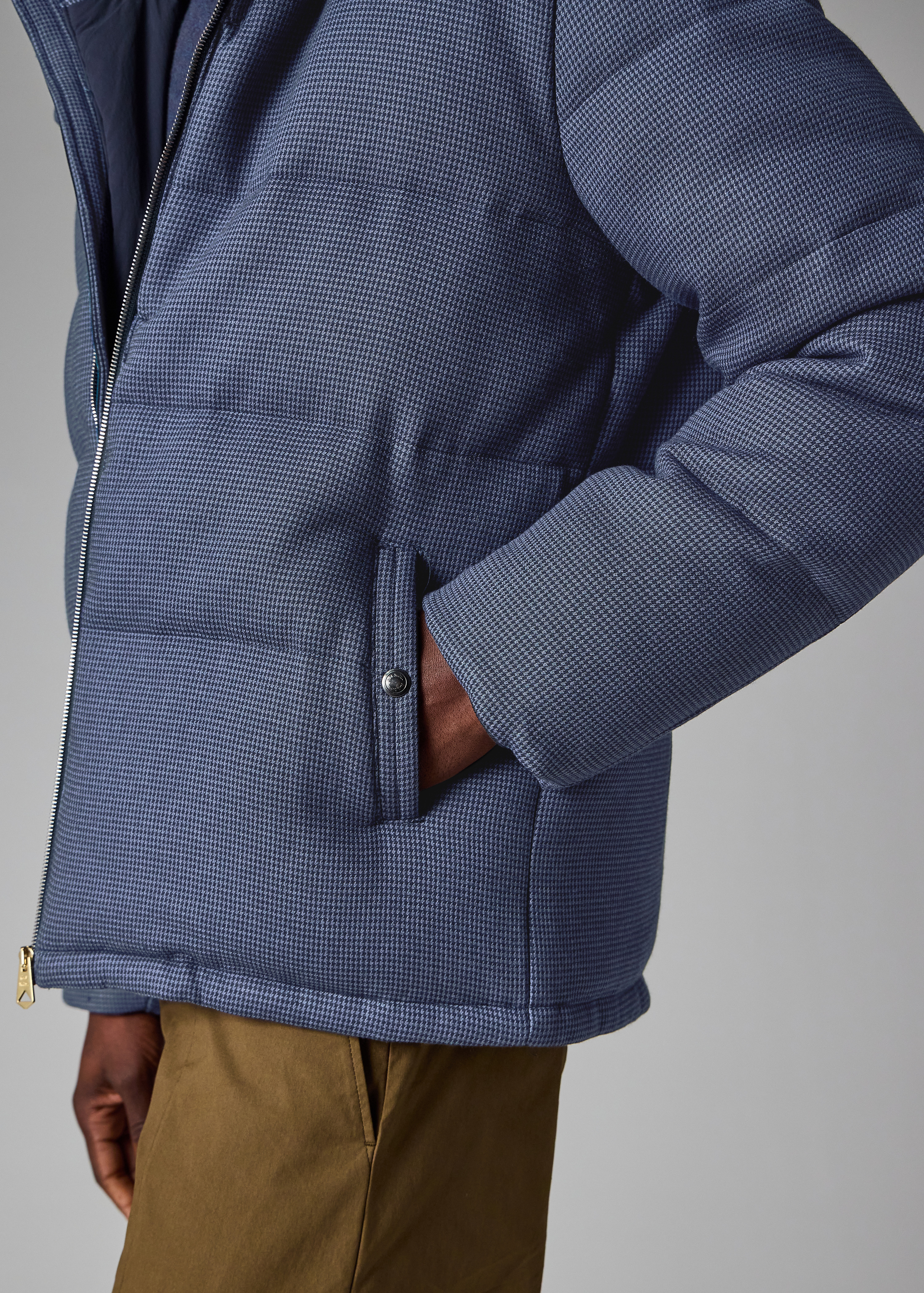 Navy Houndstooth Down Jacket with Detachable Hood - 10