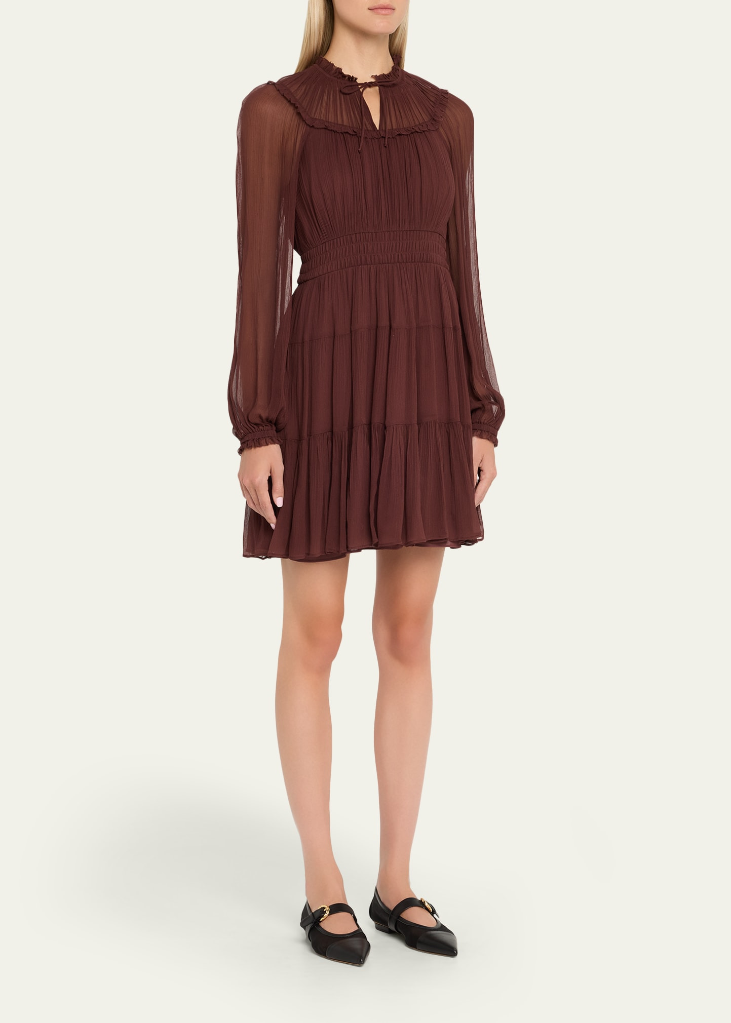Ava Long-Sleeve Tiered Silk Mini Dress - 4