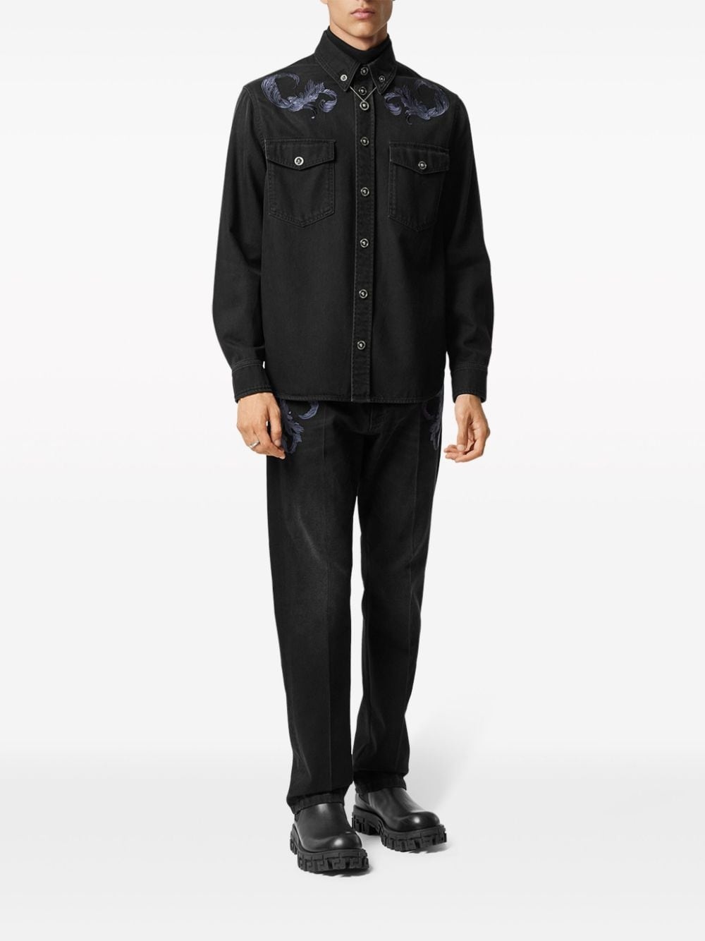 embroidered-design denim shirt - 2