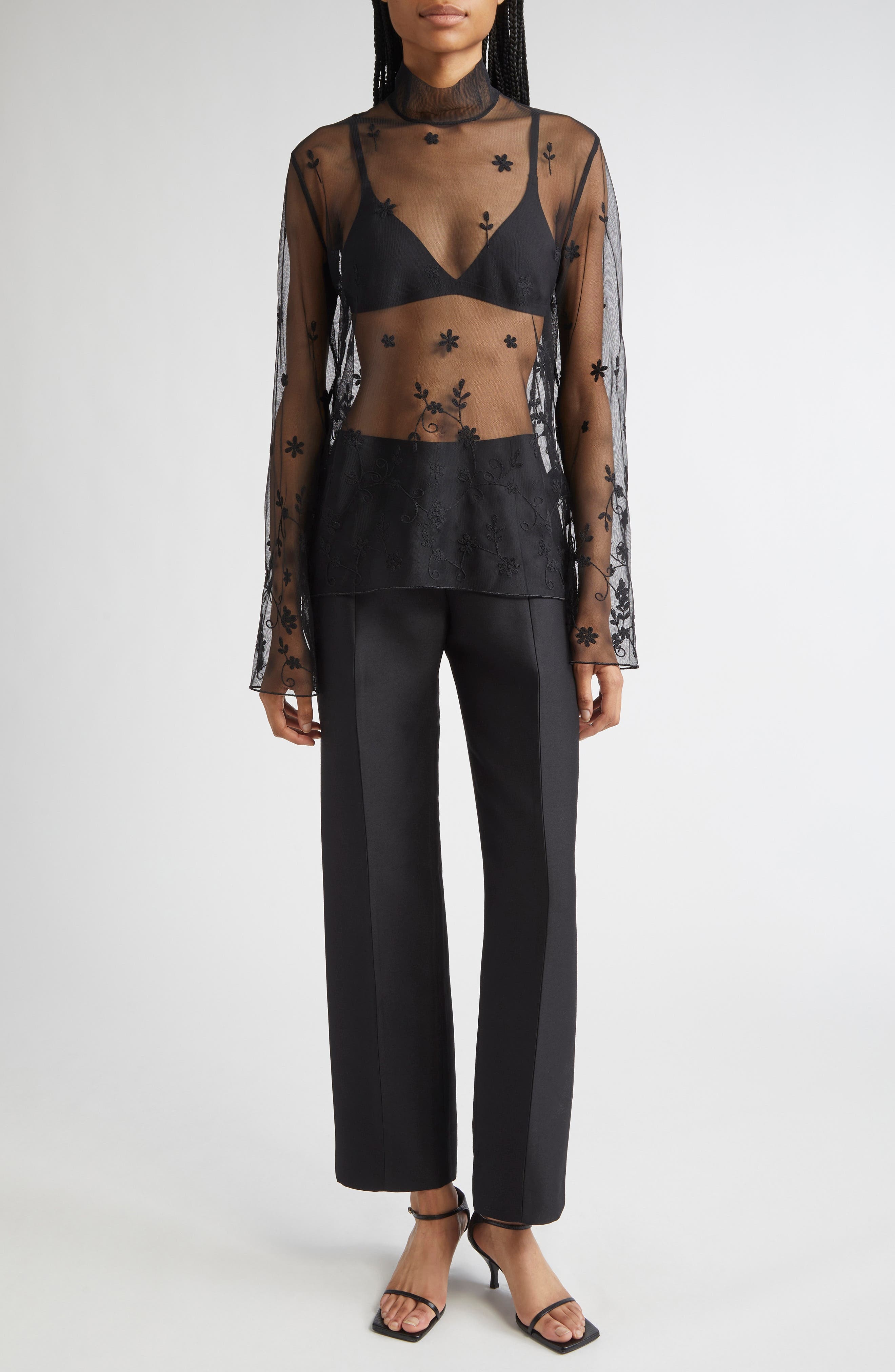 TOTEME Floral Embroidered Tulle Top in Black/Black at Nordstrom - 2