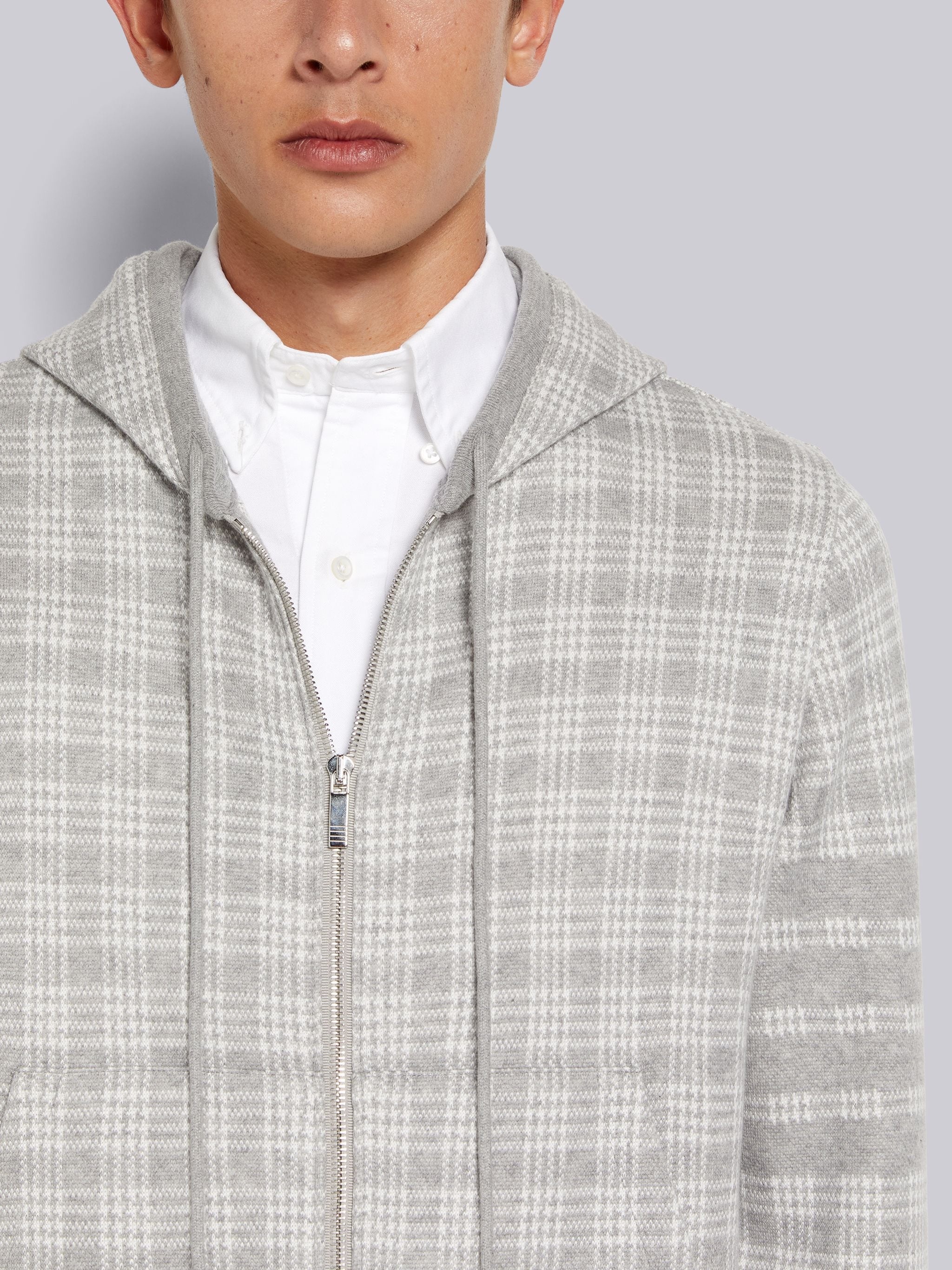 Light Grey Micro Check Jacquard 4-Bar Zip up Hoodie - 5