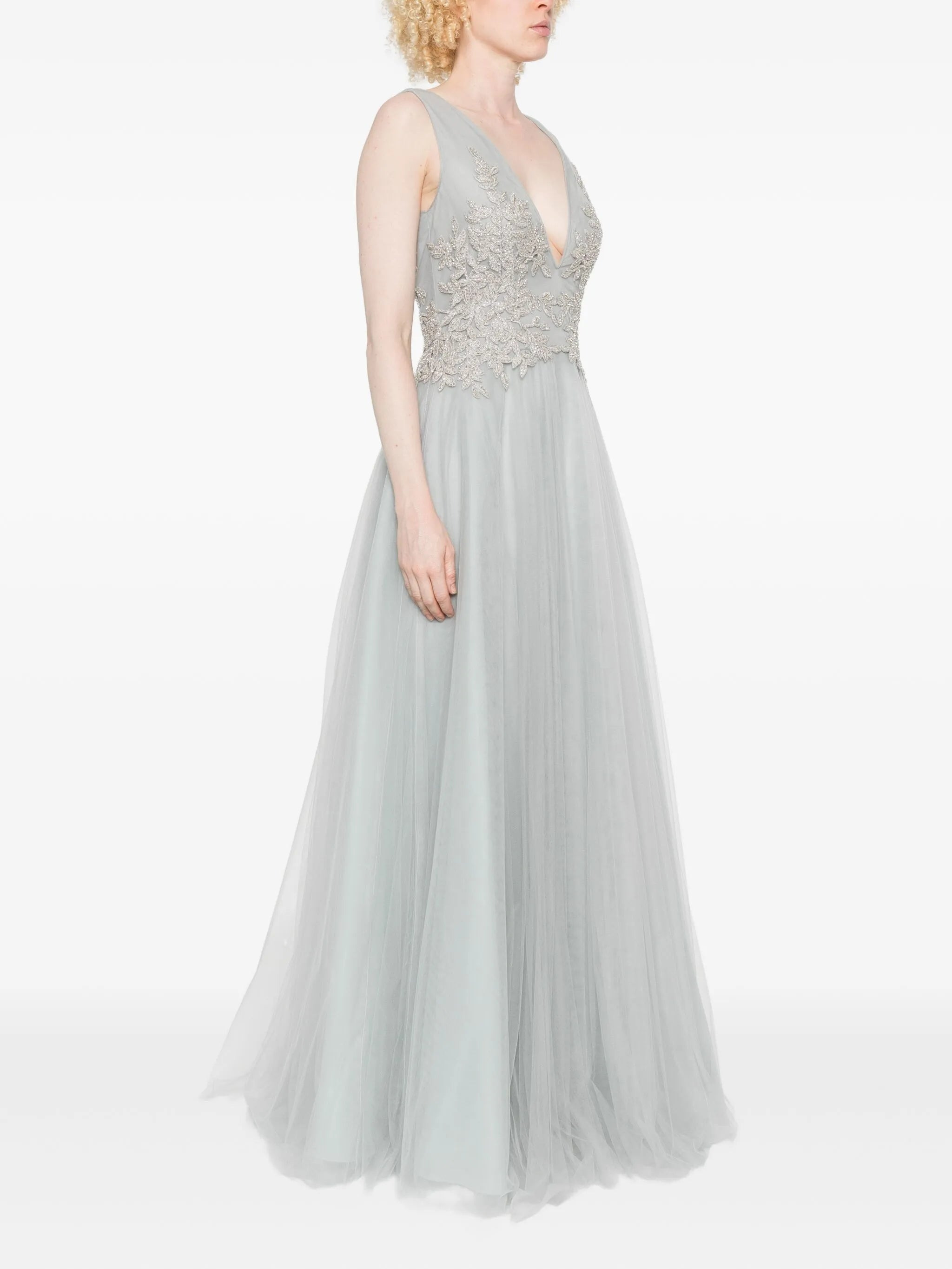 Costarellos Embellished V-neck Tulle Maxi Dress - 5