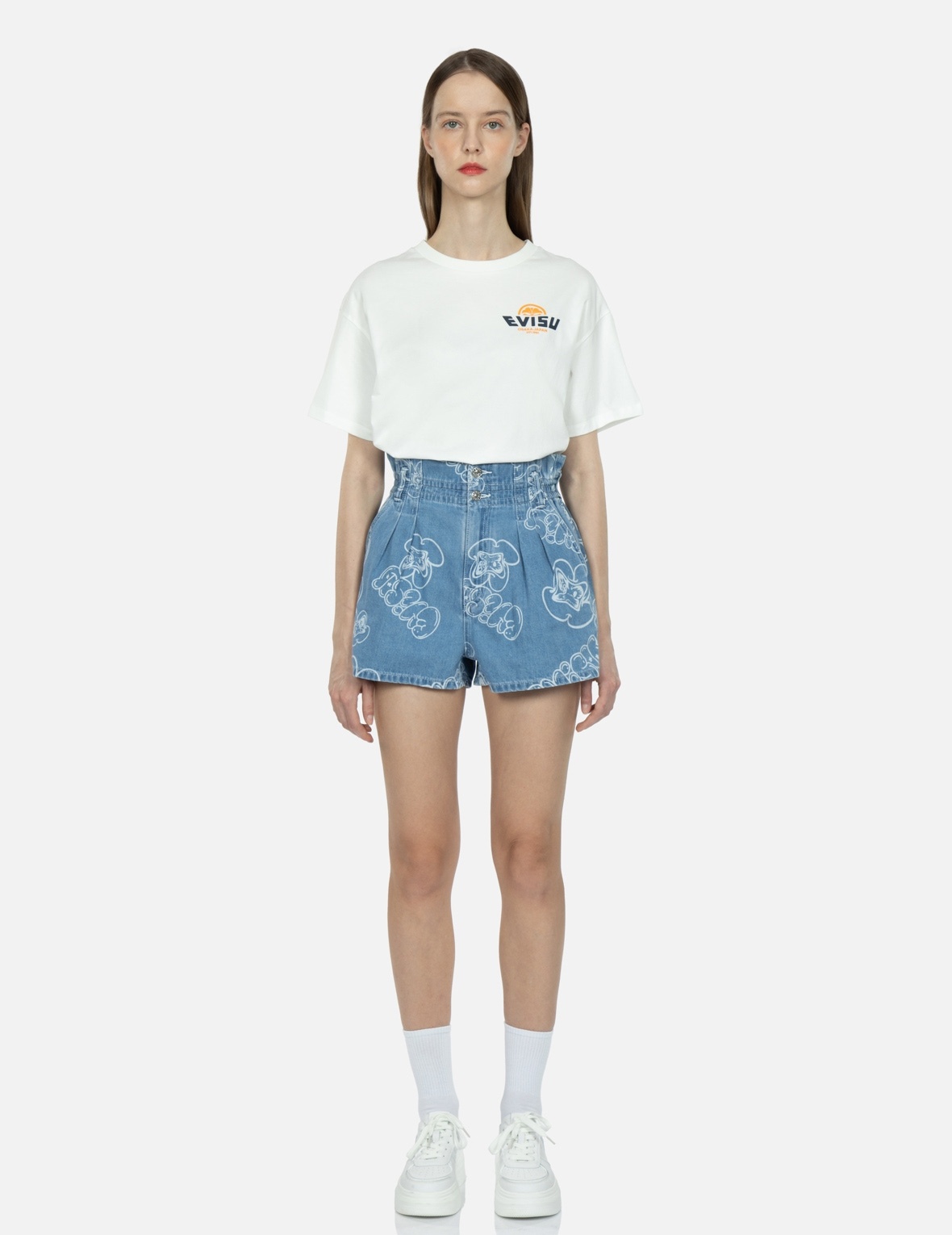 ALLOVER GRAFFITI DARUMA AND LOGO LASER-PRINT DENIM SHORTS - 5