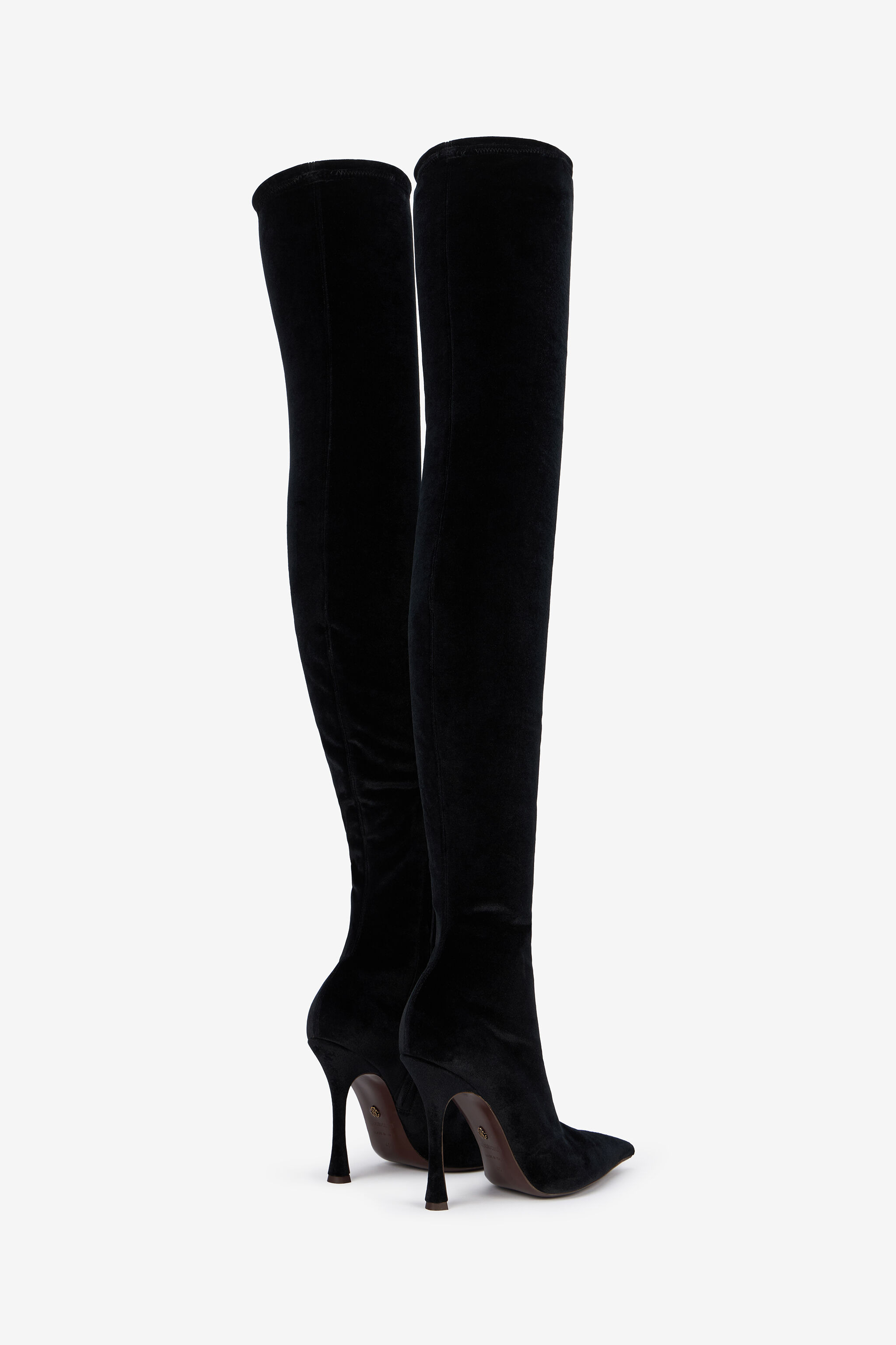 Black Satin Pointed-Toe Thigh High Boots - 3