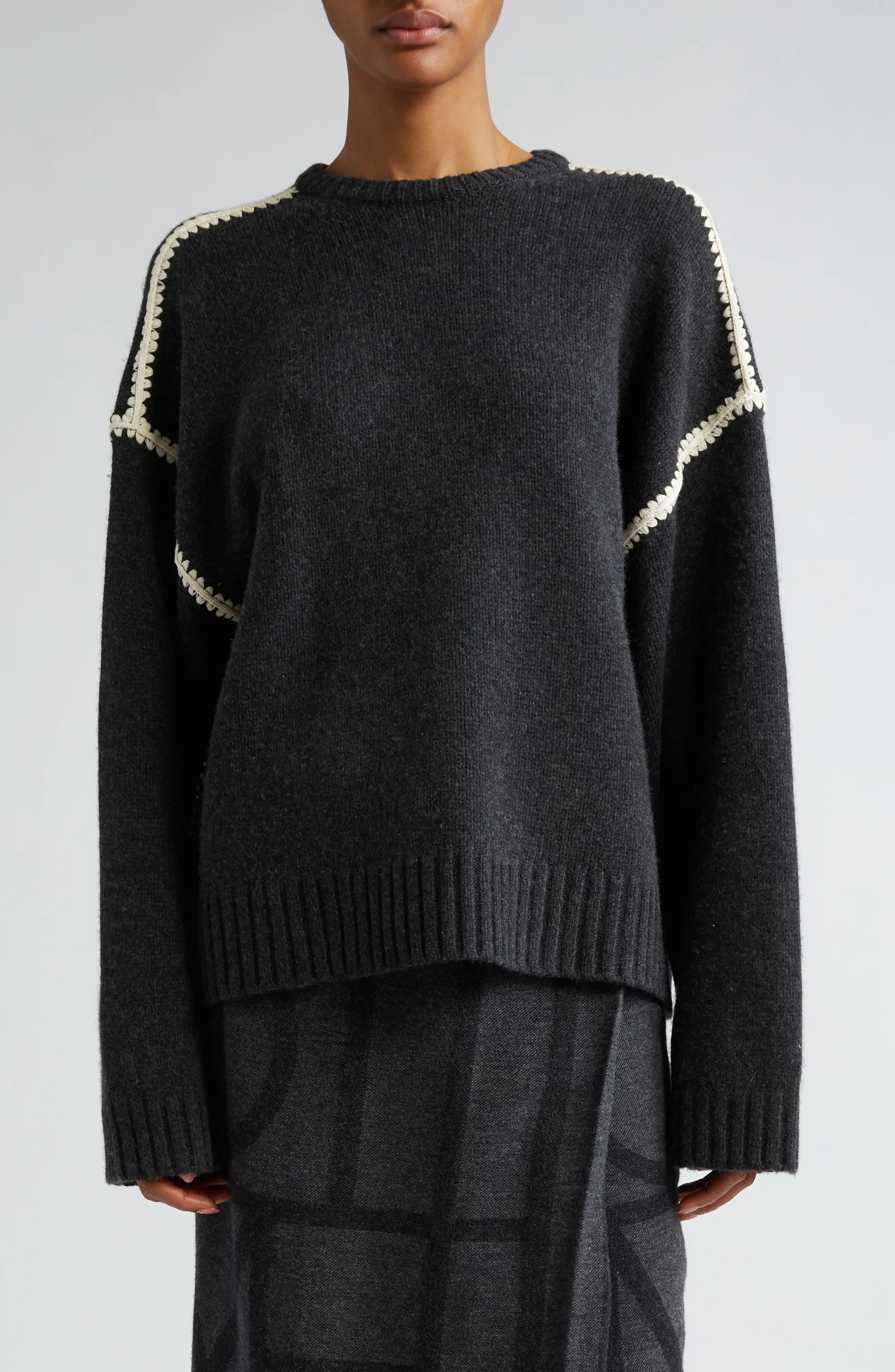 Shell Stitch Trim Wool, Cashmere & Cotton Sweater - 1