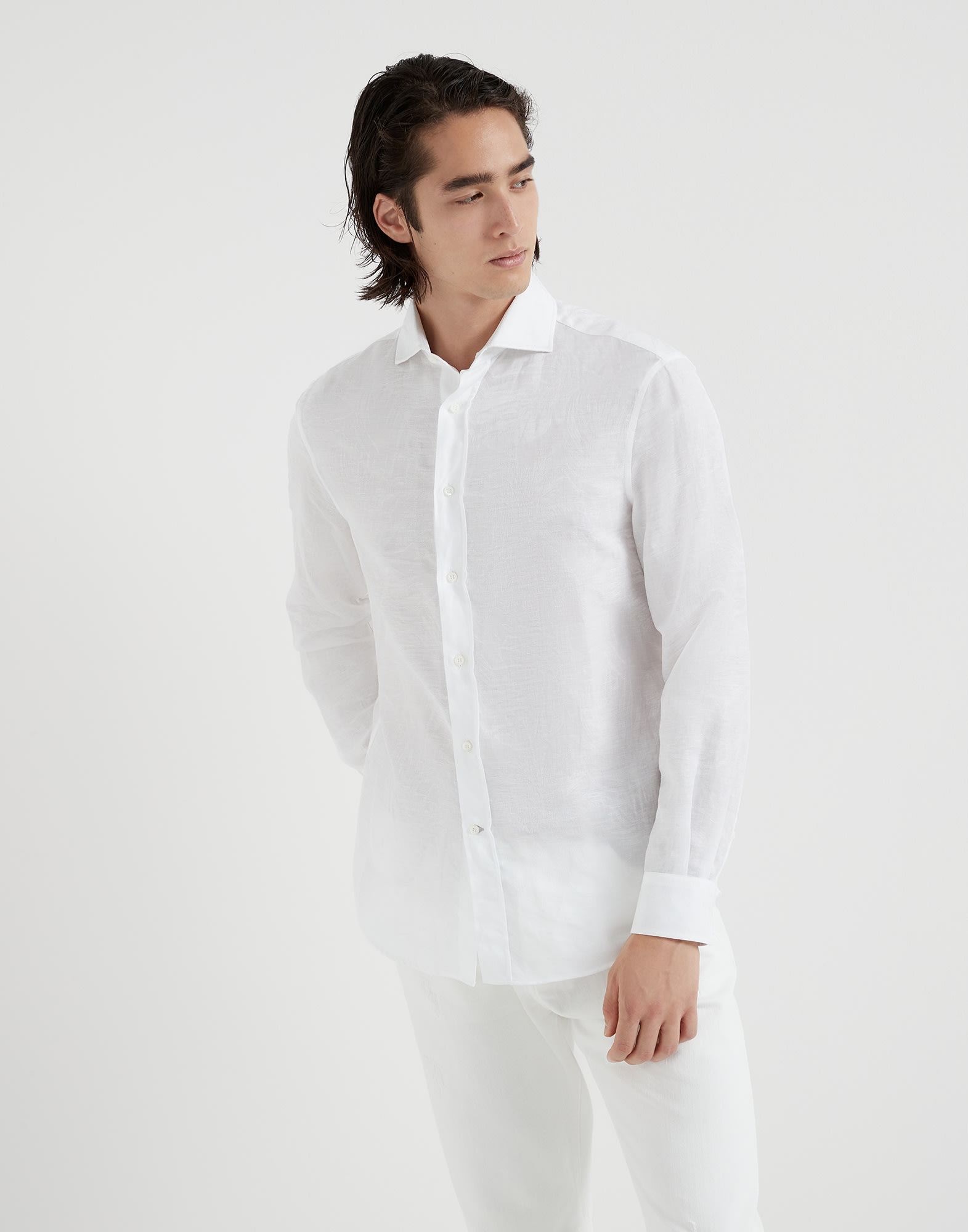 Palm Jacquard linen and cotton easy fit shirt with spread collar - 1