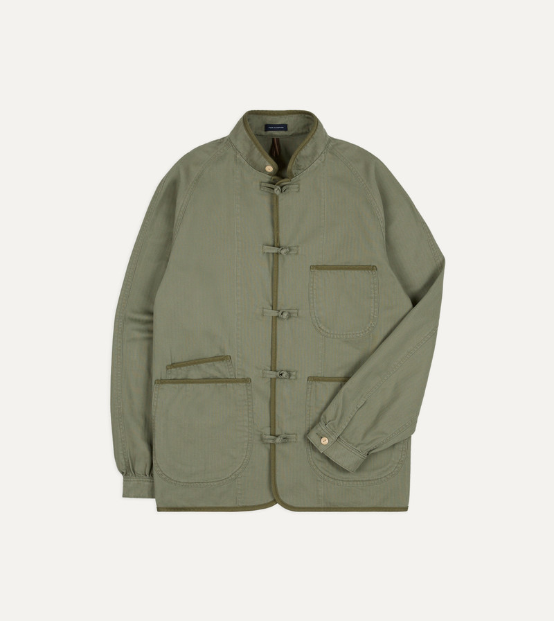 Olive Herringbone Cotton Artist Chore Jacket - 1