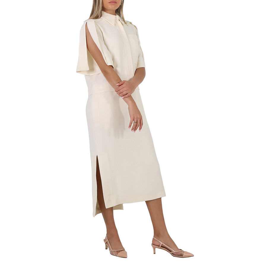 Burberry Split Detail Silk Wool Shirt Dress In Off White - 4