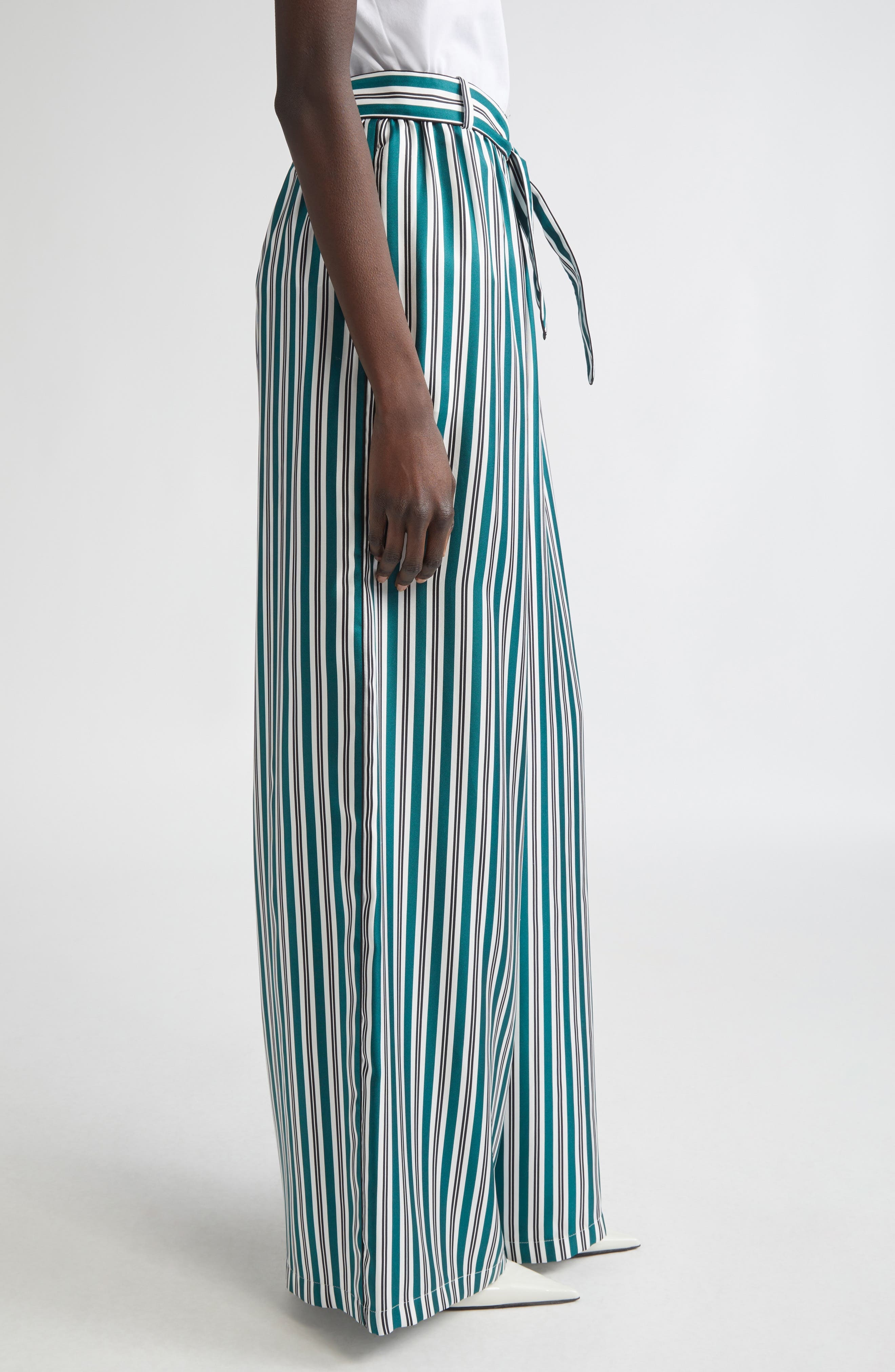 Max Mara Ladino Stripe Belted Wide Leg Silk Pants in Dark Green at Nordstrom - 4