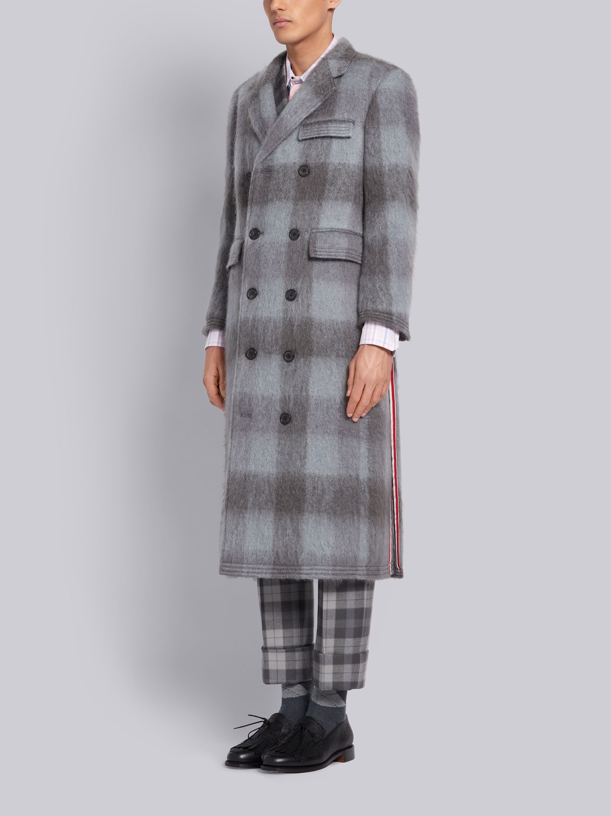 Medium Grey Mohair Buffalo Check Long Chesterfield Overcoat - 3