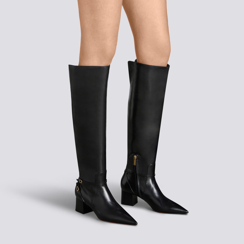 Santoni Women's black leather mid-heel boot outlook