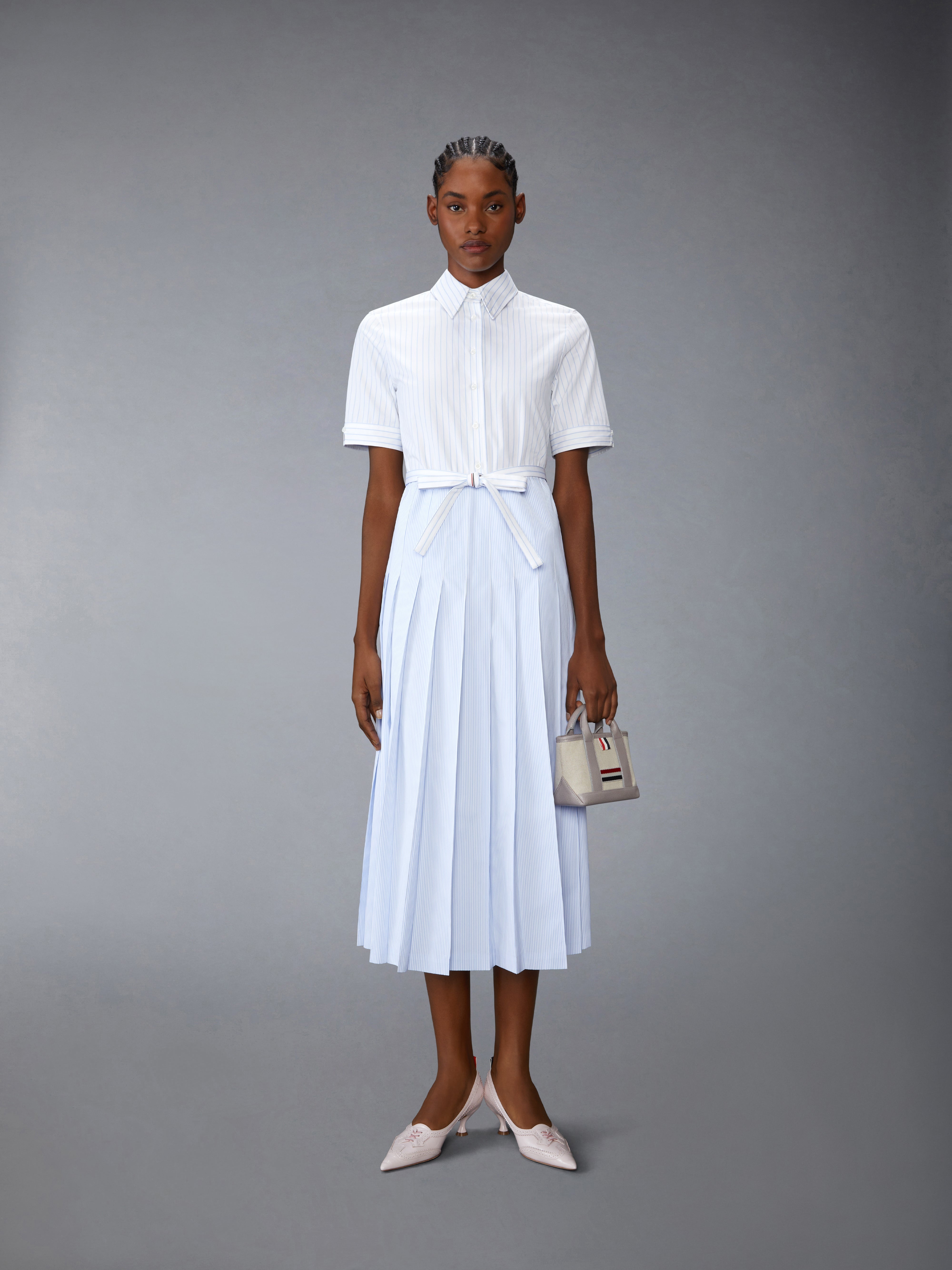PINSTRIPE POPLIN BELTED PLEATED SHIRTDRESS - 5