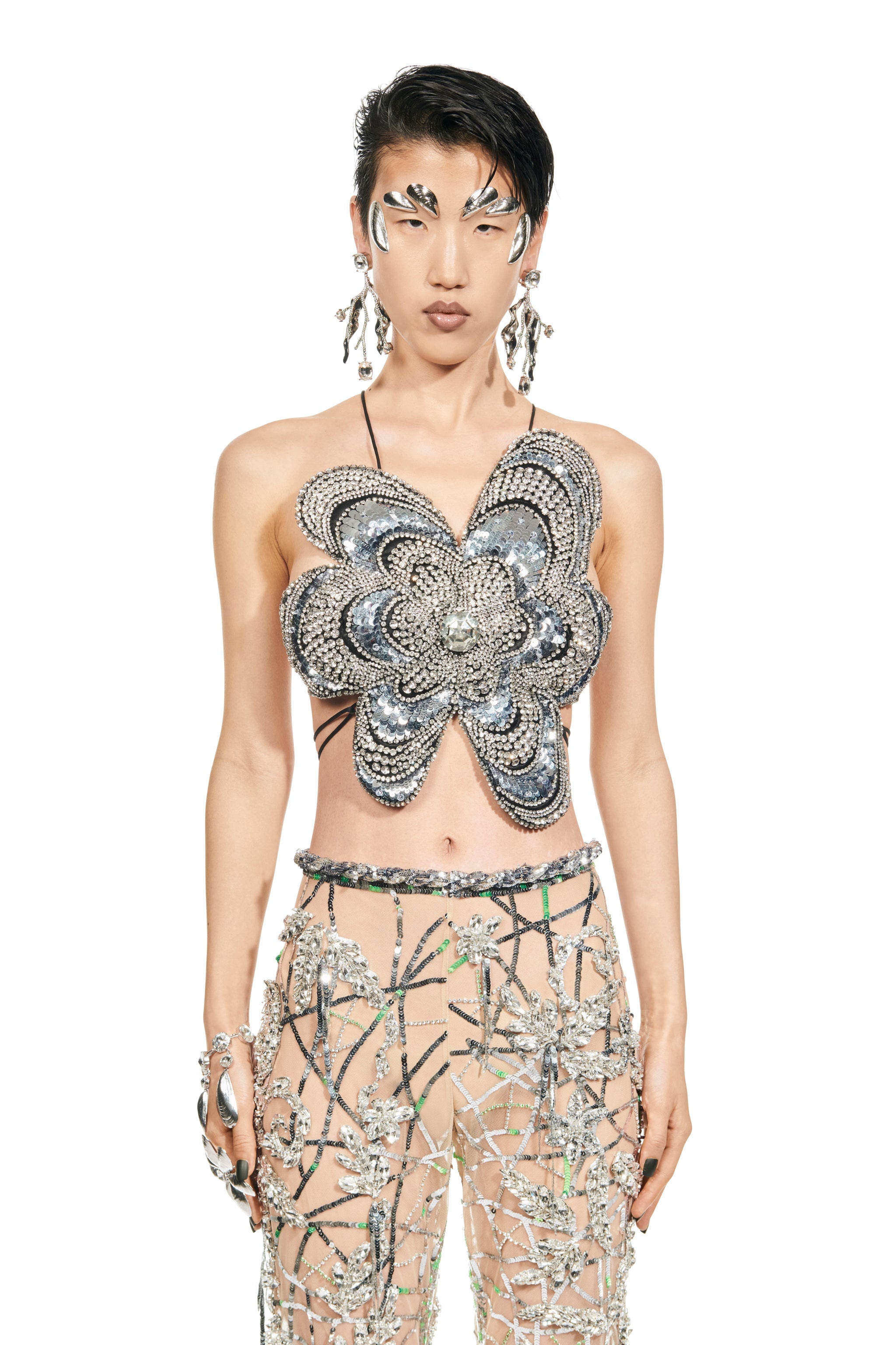 CRYSTAL EMBROIDERED MUSSEL FLOWER TOP - 3