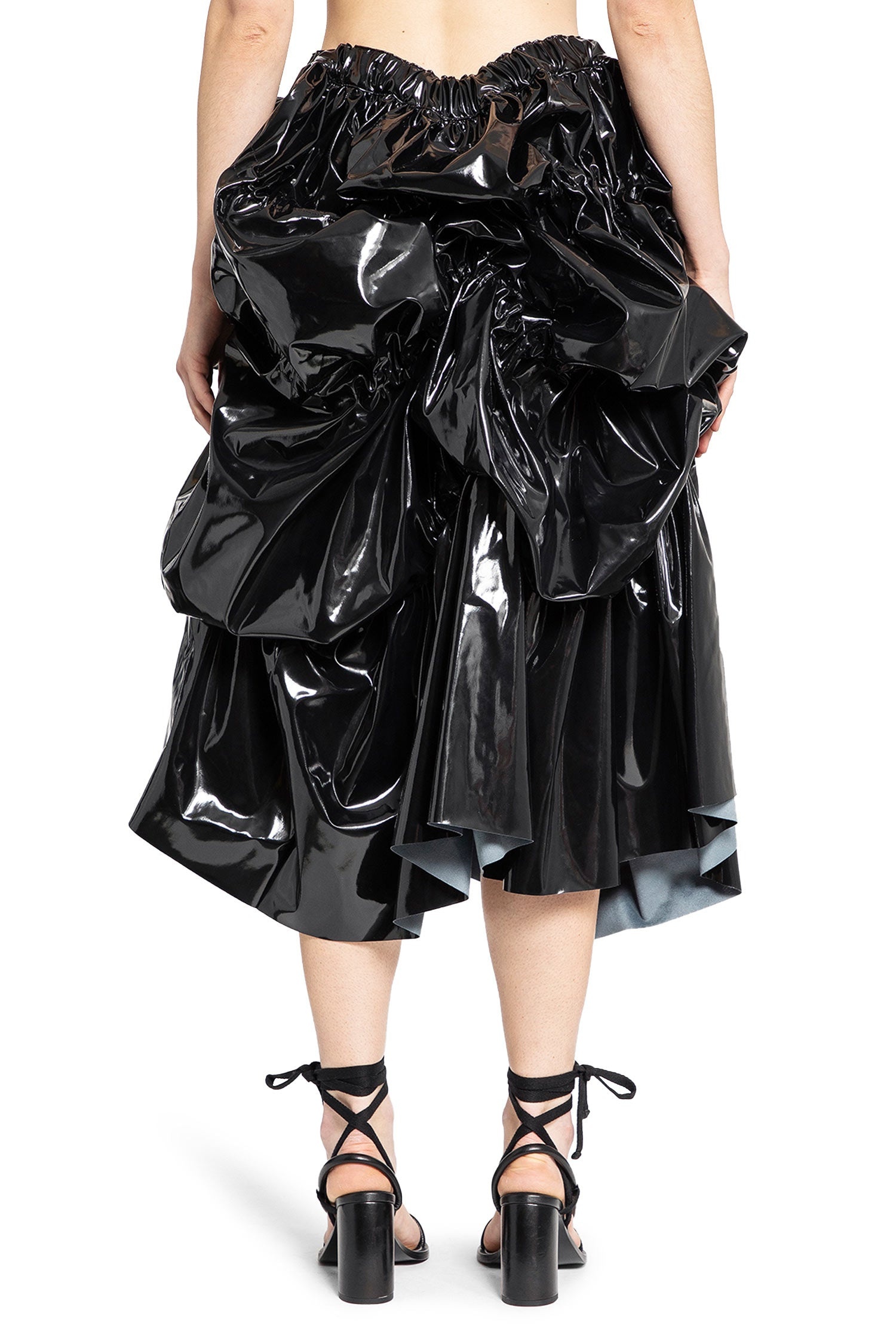 Shiny-Faux-Leather-Draped-Midi-Skirt - 3