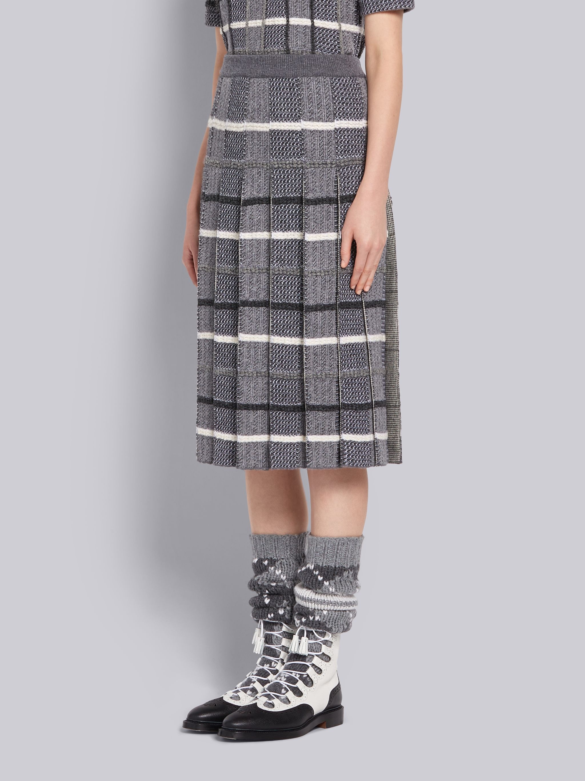 Tonal Grey Shetland Merino Wool Check Jacquard Inlay Pleated Skirt - 2