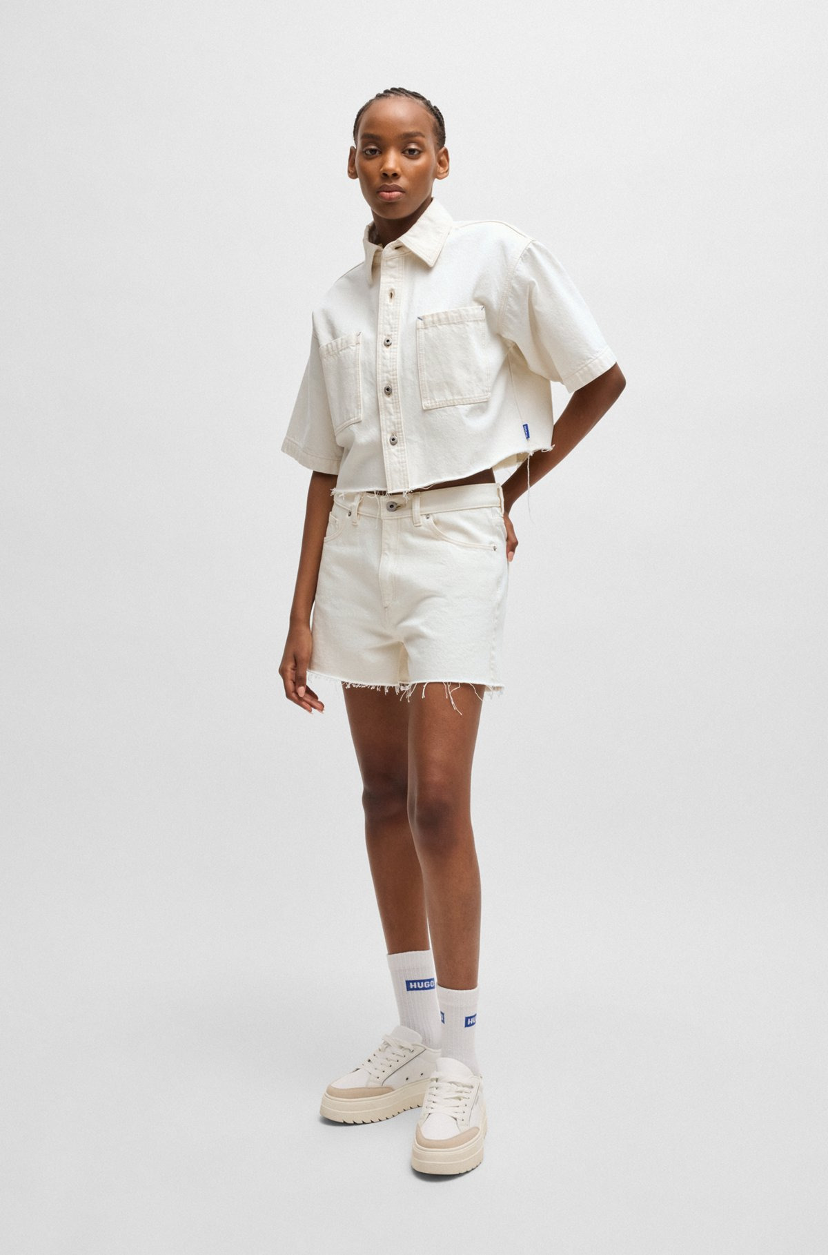 ECRU DENIM SHORTS WITH RAW HEM - 3