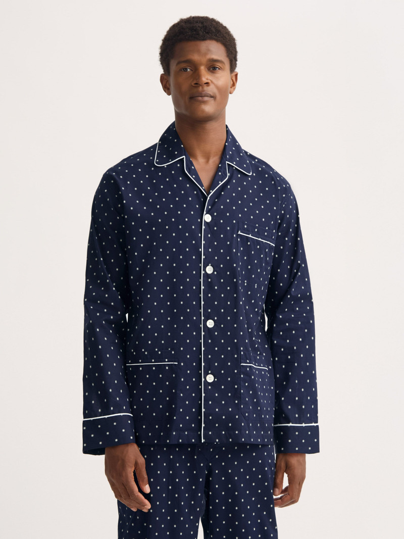 Men's Classic Fit Pajamas Cotton Batiste Navy Blue Starburst Print 4