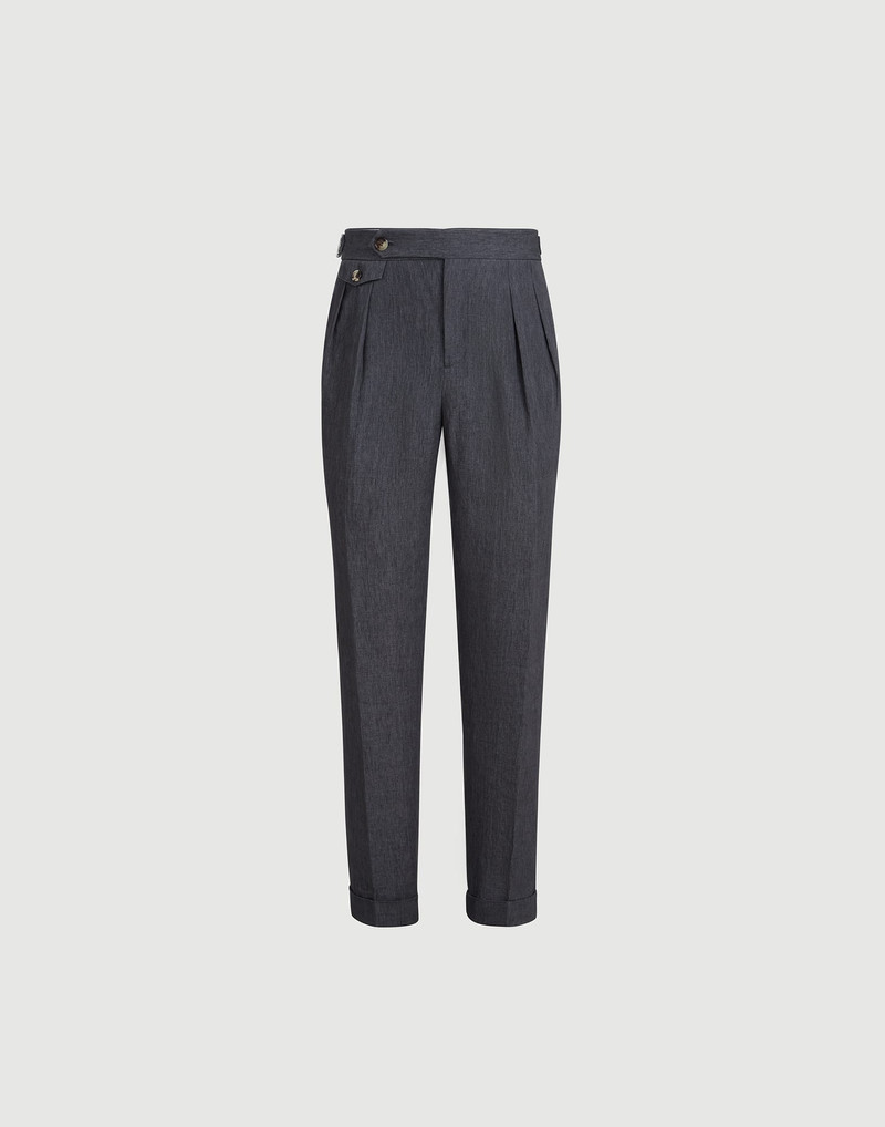 Lightweight délavé linen trousers with reversed double pleats and waist tabs 1