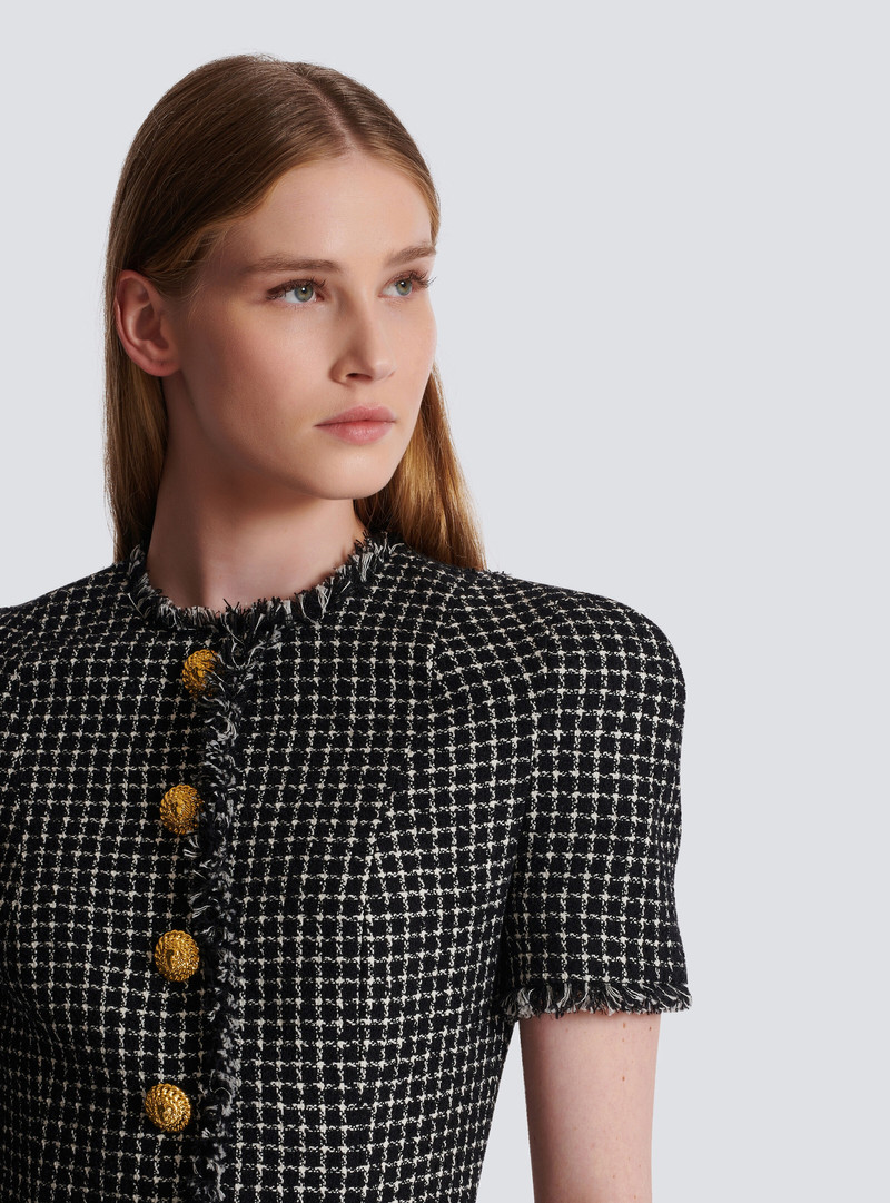Pleated flared dress in gingham tweed 7