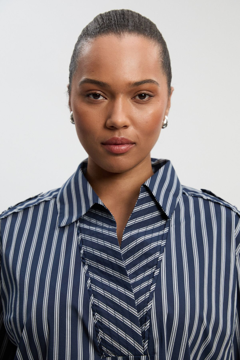 KAREN MILLEN Plus Size Stripe Boxy Cotton Placket Detail Woven Shirt outlook