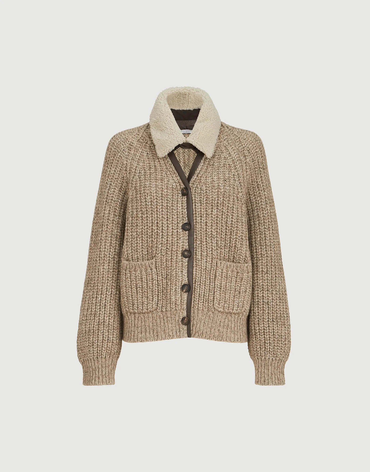 Sparkling cashmere, mohair and wool ribbed cardigan with detachable shearling insert - 1