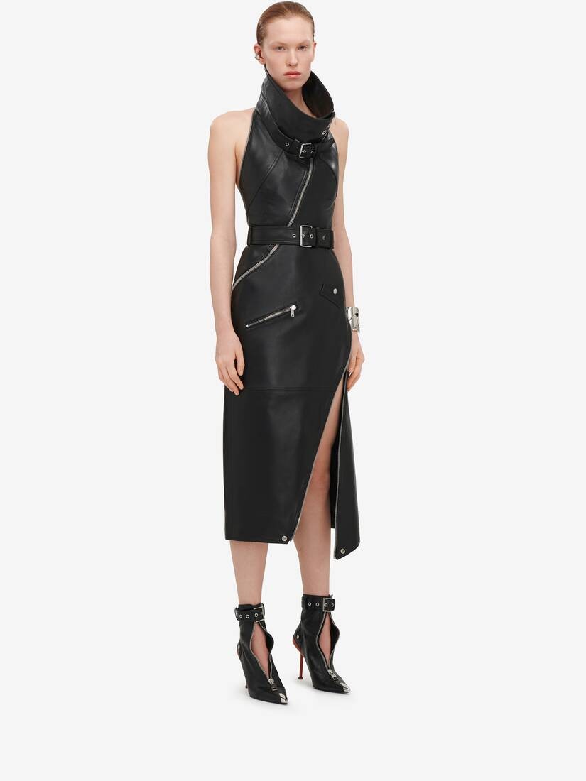 Women's Funnel Neck Biker Dress in Black - 3