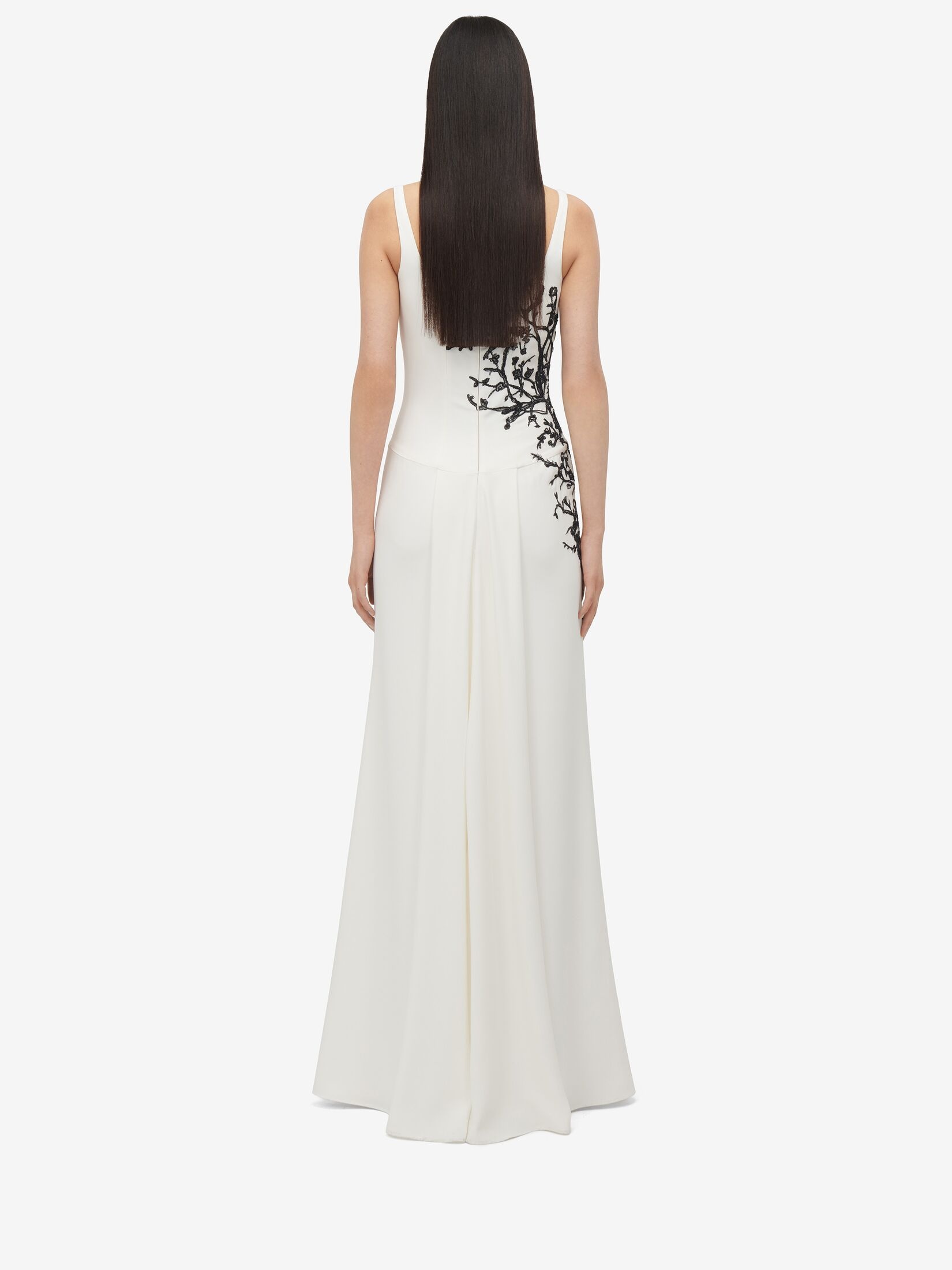 Women's Cherry Branches Embroidered Evening Dress in Light Ivory - 4