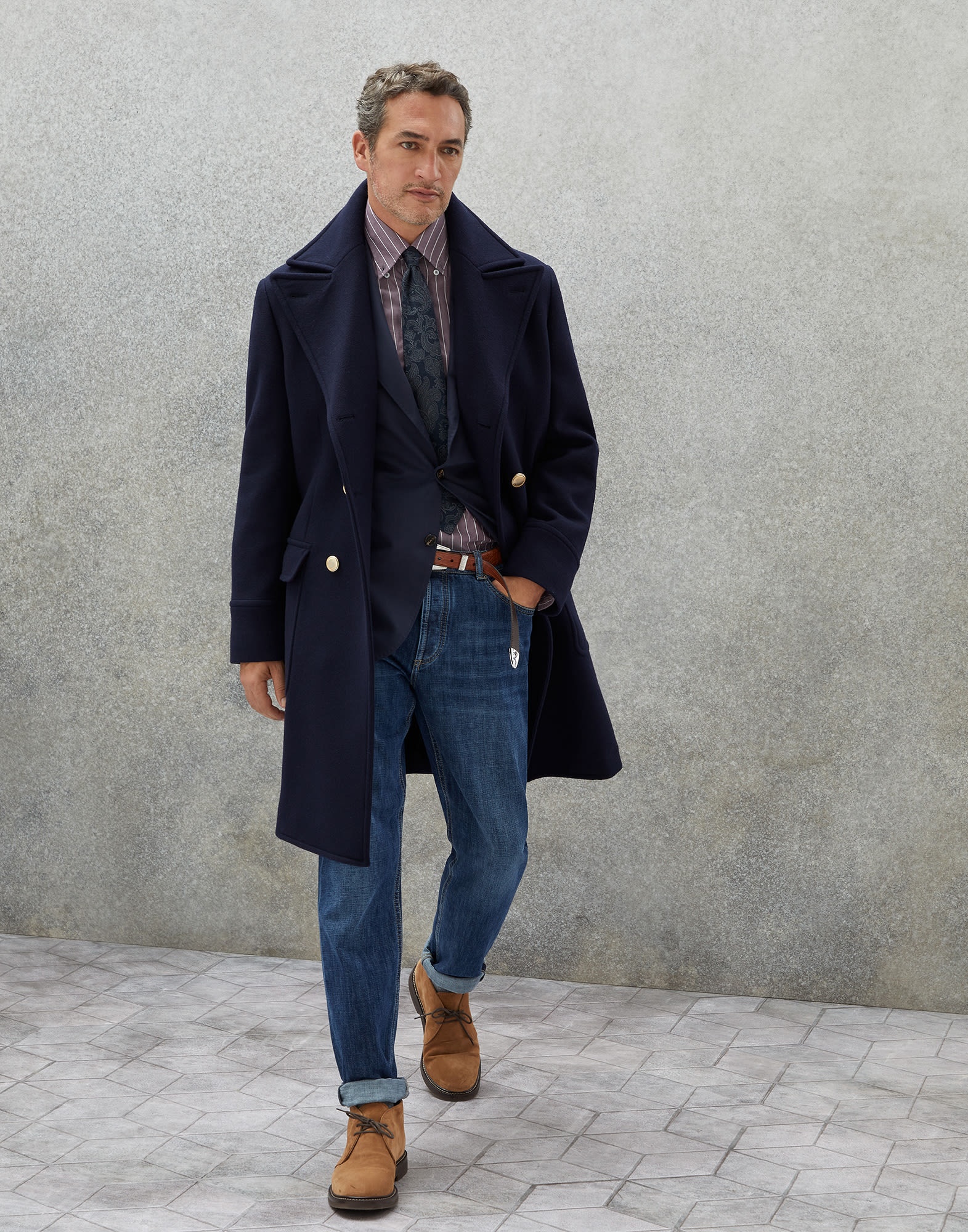 Virgin wool and cashmere double cloth one-and-a-half breasted coat with metal buttons - 5