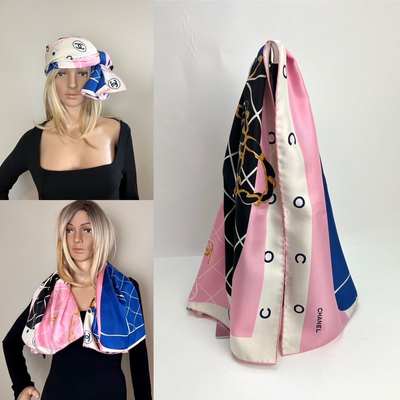 Chanel Silk Pink Black Blue Scarf - 4