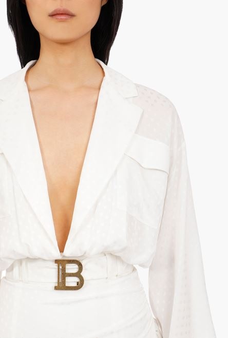 White silk shirt dress and Balmain logo belt - 6