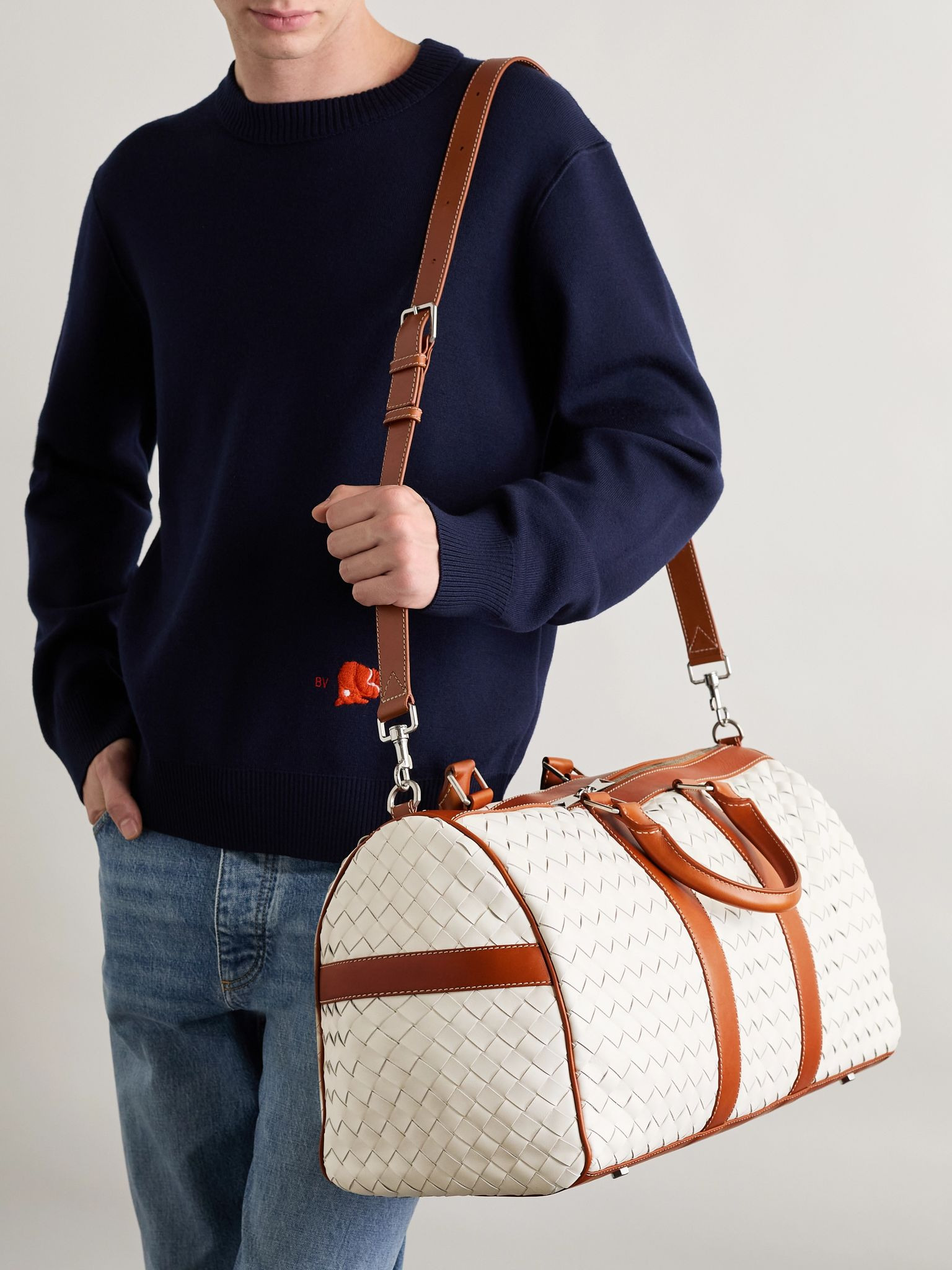 Medium Intrecciato Leather Duffle Bag Cream - 2