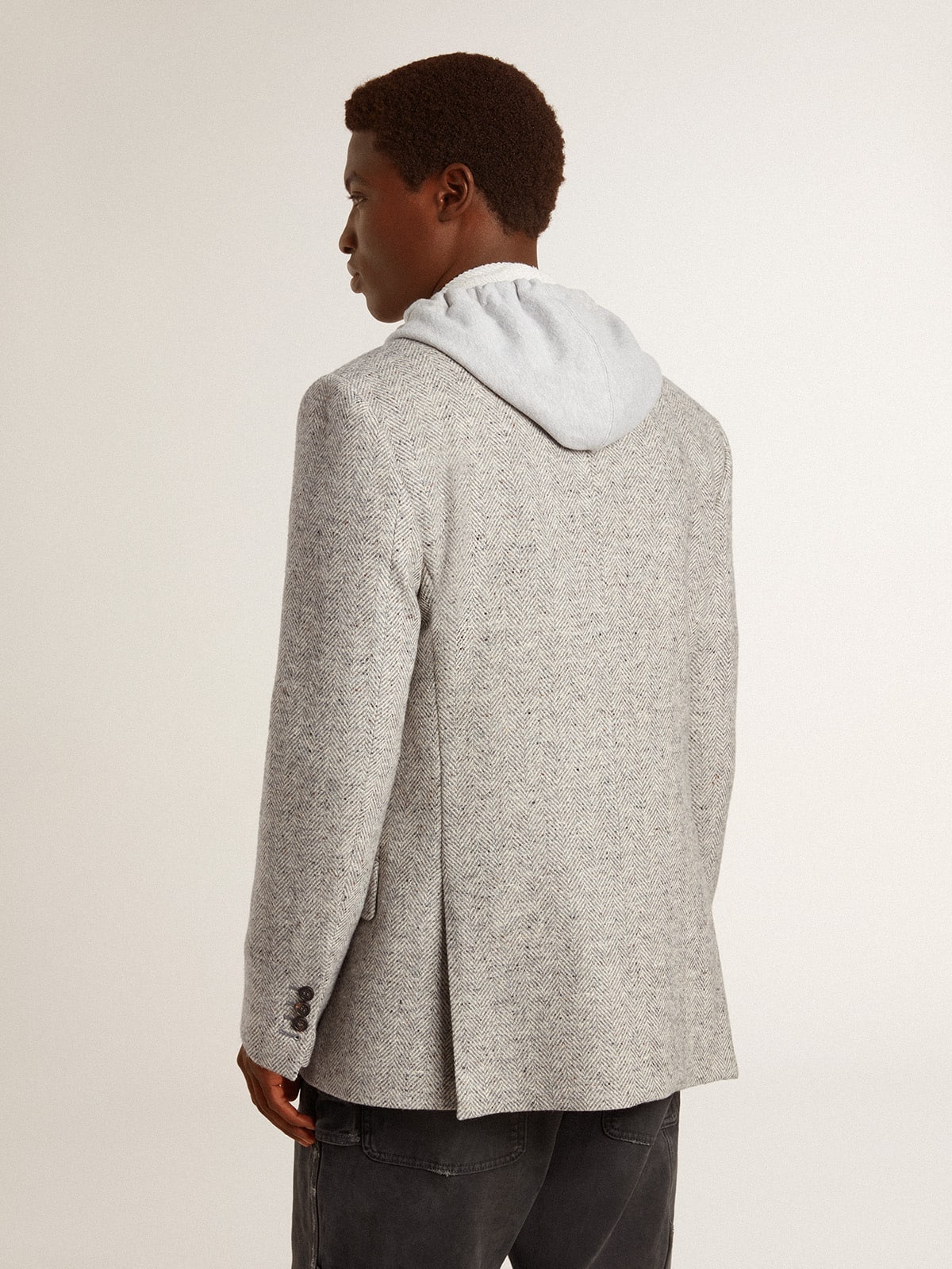 Men's double-breasted jacket in gray silk and chevron wool - 4