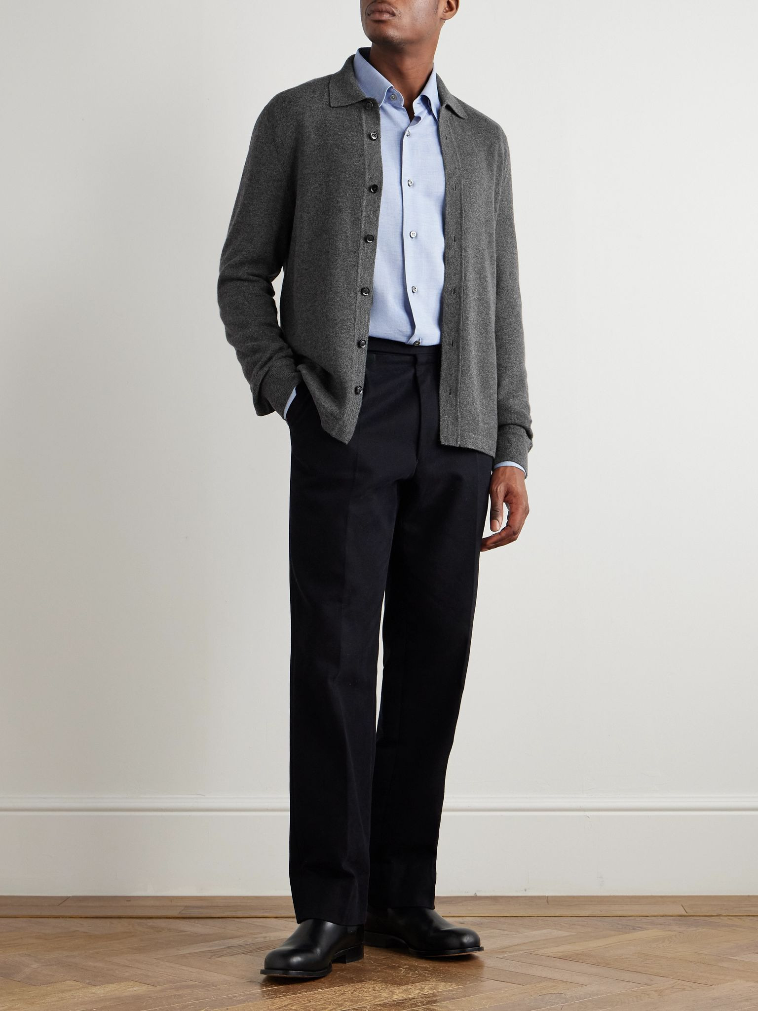 Button-Down Collar Cotton and Cashmere-Blend Twill Shirt Blue - 2