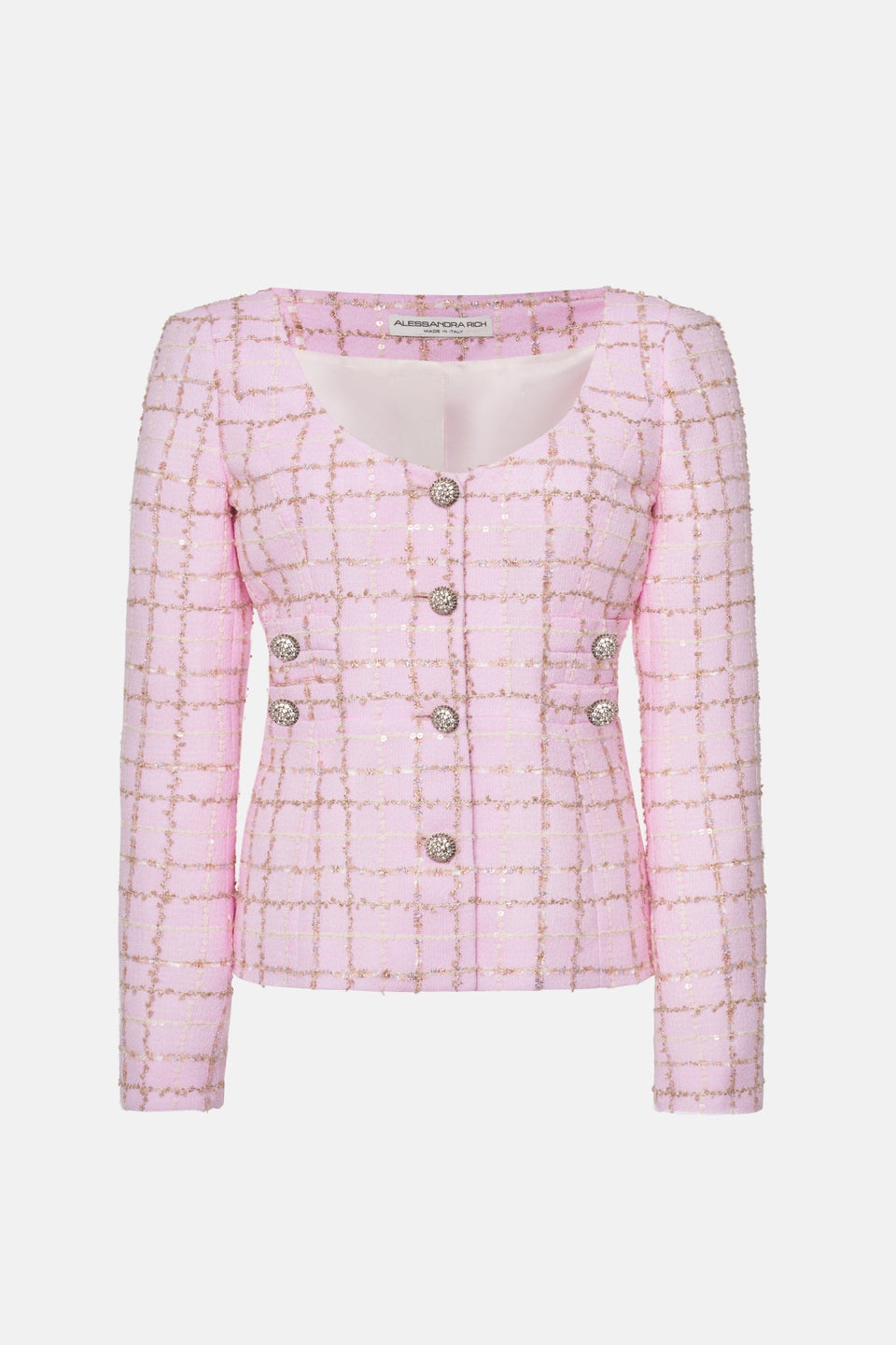 SEQUIN CHECKED TWEED ROUND NECK JACKET - 1