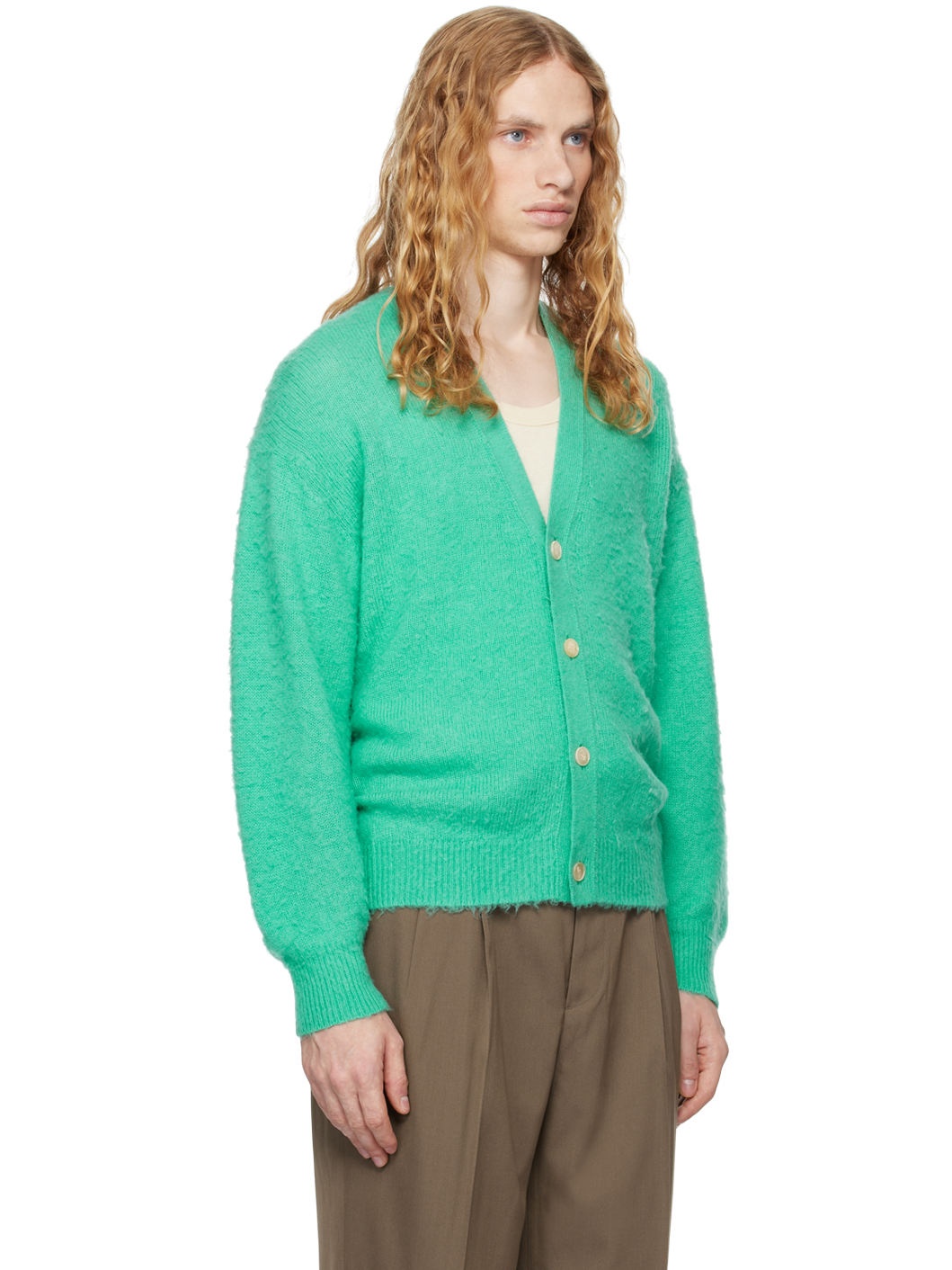 Green Brushed Wool Cashmere Silk Cardigan - 3