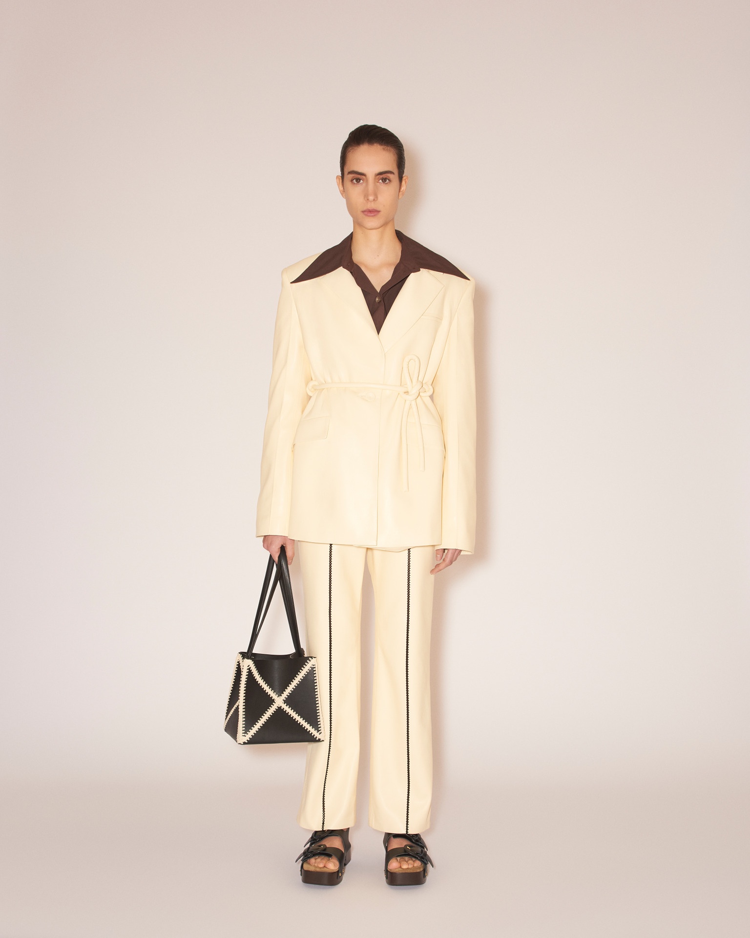 MARIKO - Vegan leather tie-waist blazer - Vanilla - 3