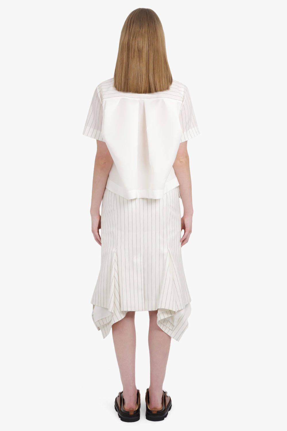 ASYMMETRIC FLARED HEM STRIPE MIDI SKIRT WITH BUTTON DETAIL | OFF WHITE/BLACK - 4