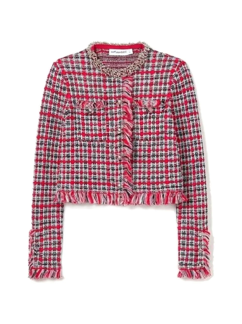 frayed-trim tweed jacket - 1