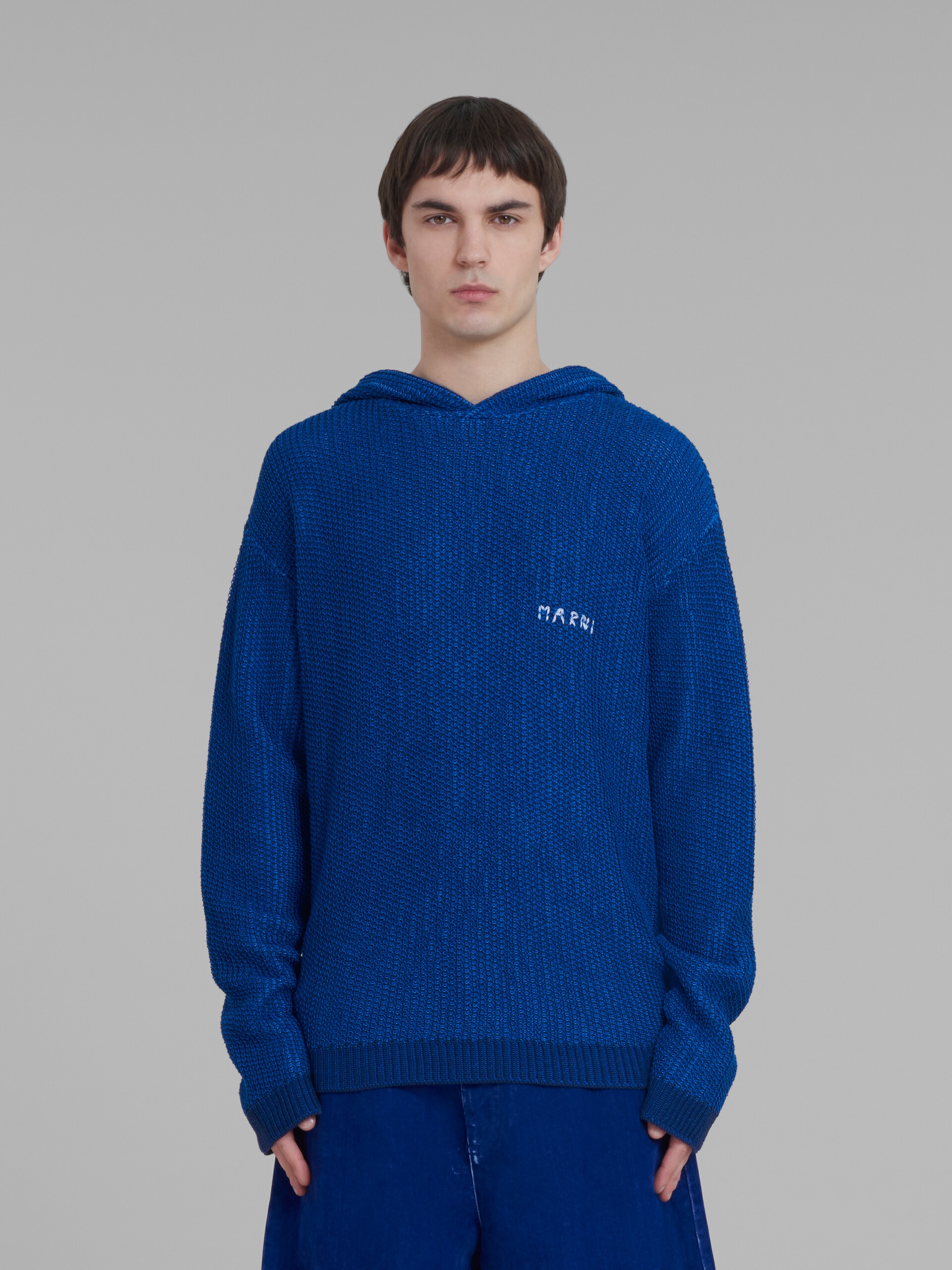 BLUE KNITTED COTTON HOODIE WITH CIRCLE INLAY - 2